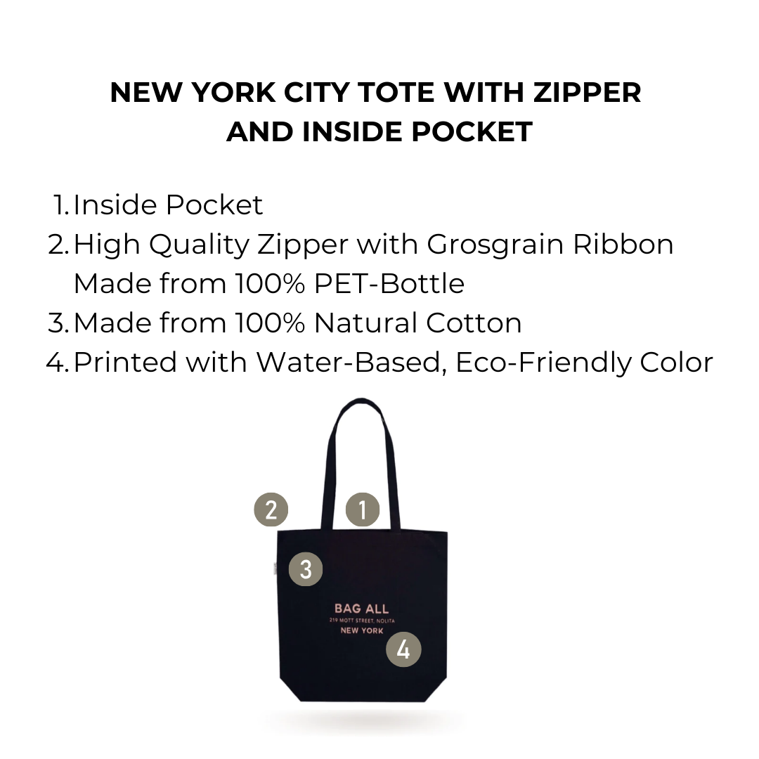 New York City Tote with Zipper and Inside Pocket, Black | Bag-all
