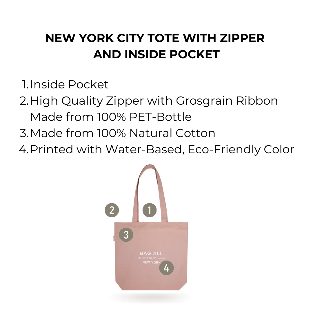 Bag-all New York City Tote with Zipper and Inside Pocket in Pink - Eco-friendly cotton tote featuring inside storage, high-quality zipper closure, and sustainable construction