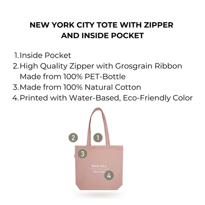 Bag-all New York City Tote with Zipper and Inside Pocket in Pink - Eco-friendly cotton tote featuring inside storage, high-quality zipper closure, and sustainable construction