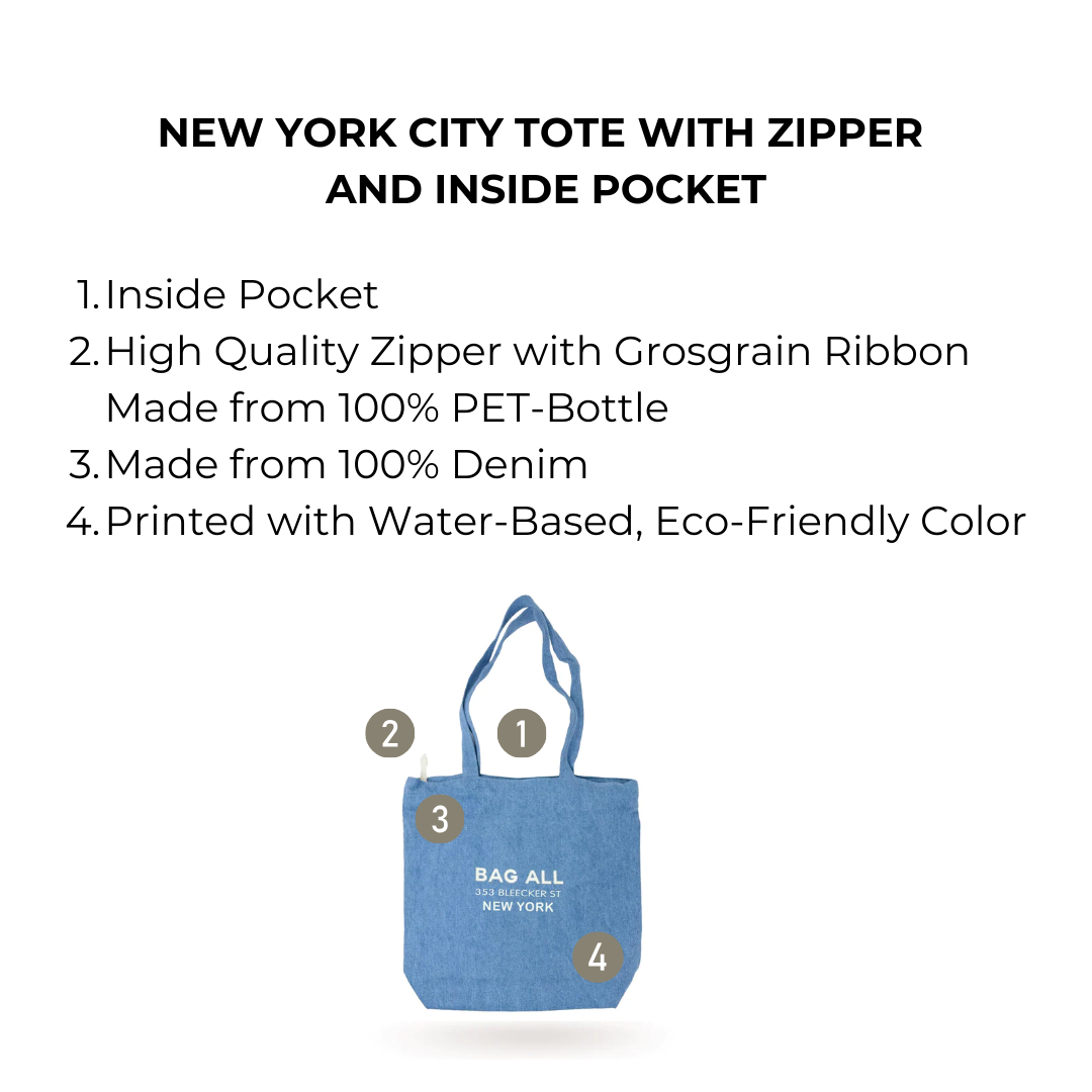 New York City Tote with Zipper and Inside Pocket, Denim | Bag-all