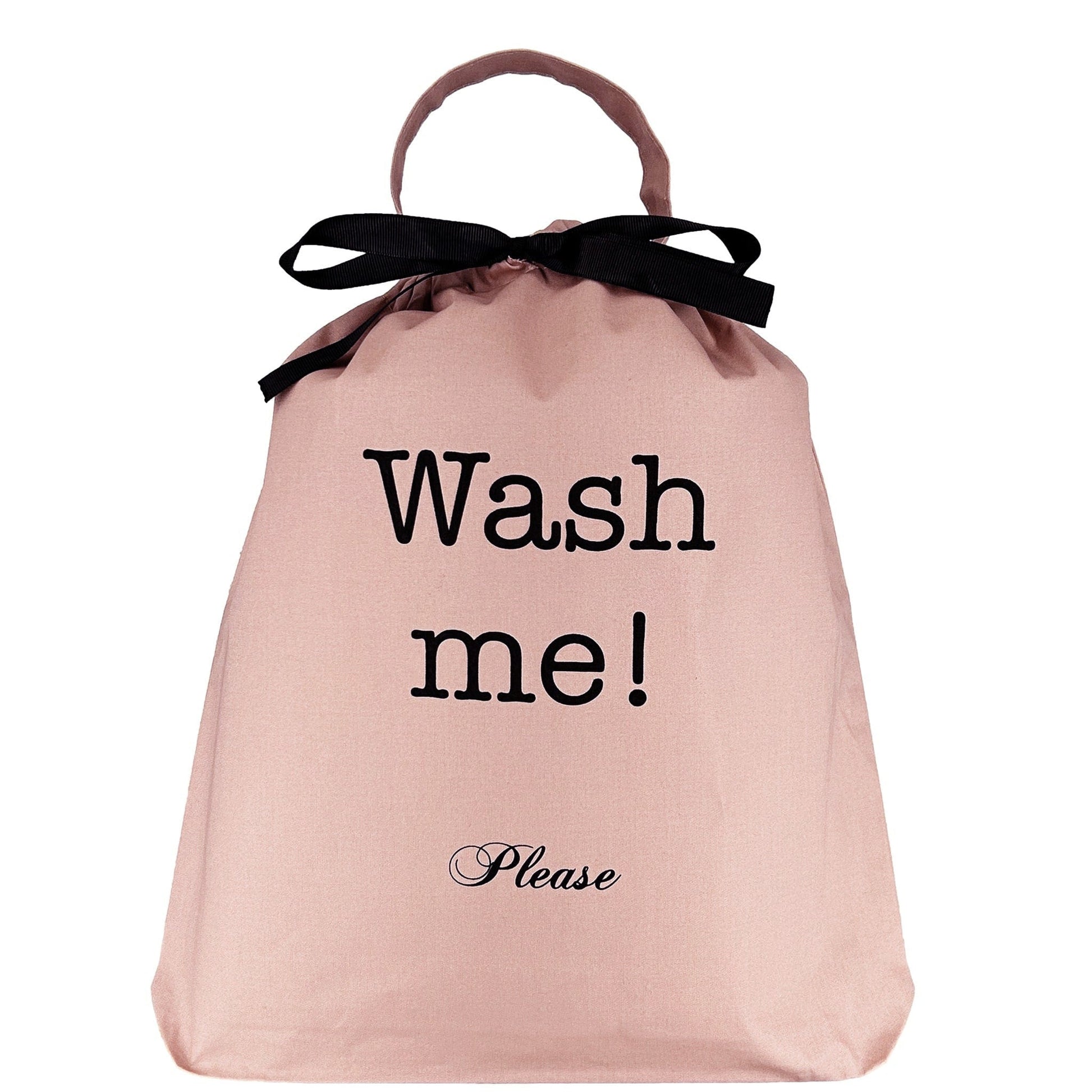 Pink blush laundry organizer bag with black ribbon and Wash me please text by Bag-all