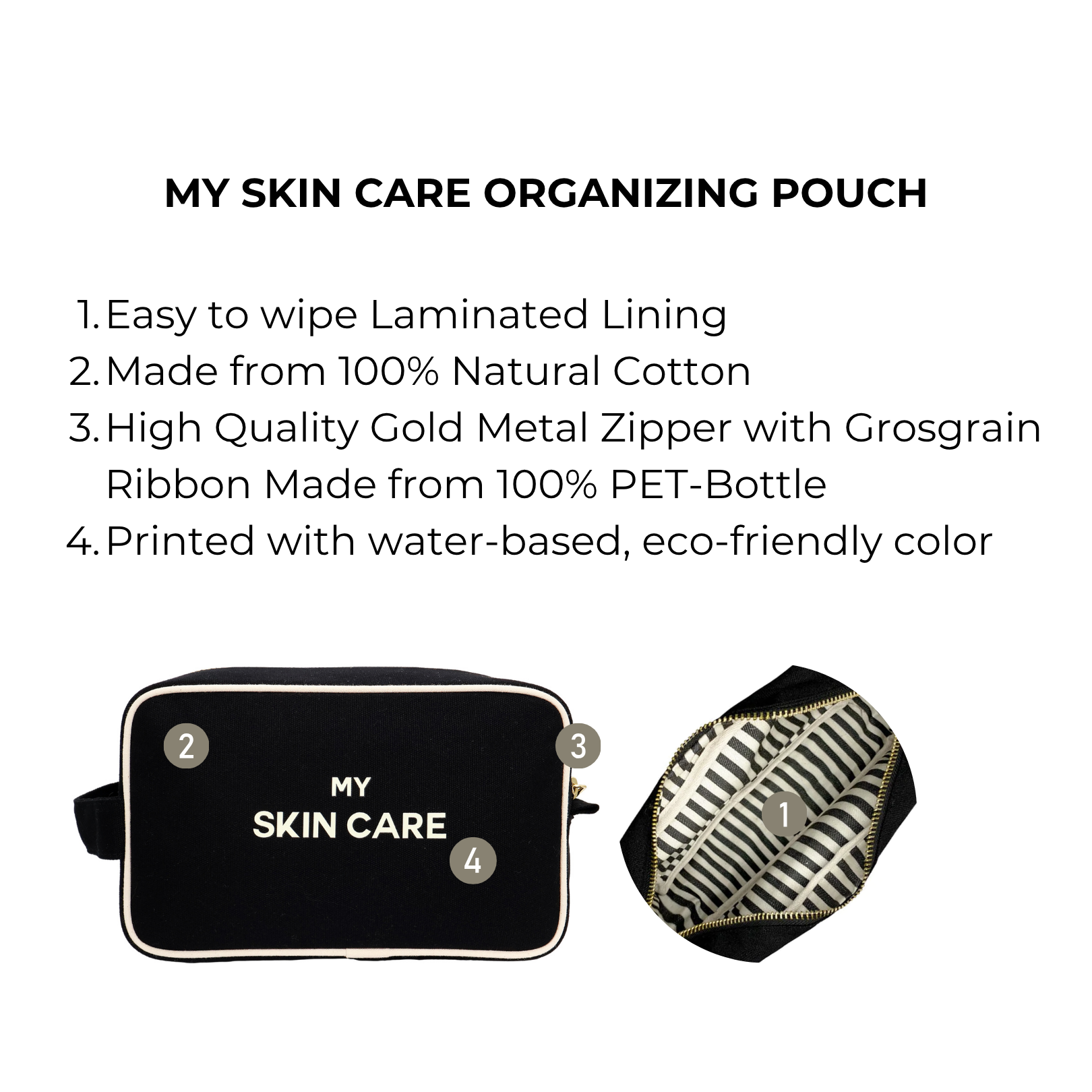My Skin Care - Organizing Pouch w White Piping – Black by Bag-all, personalized cotton travel bag with easy-clean lining and eco-friendly materials for smart skin care storage.