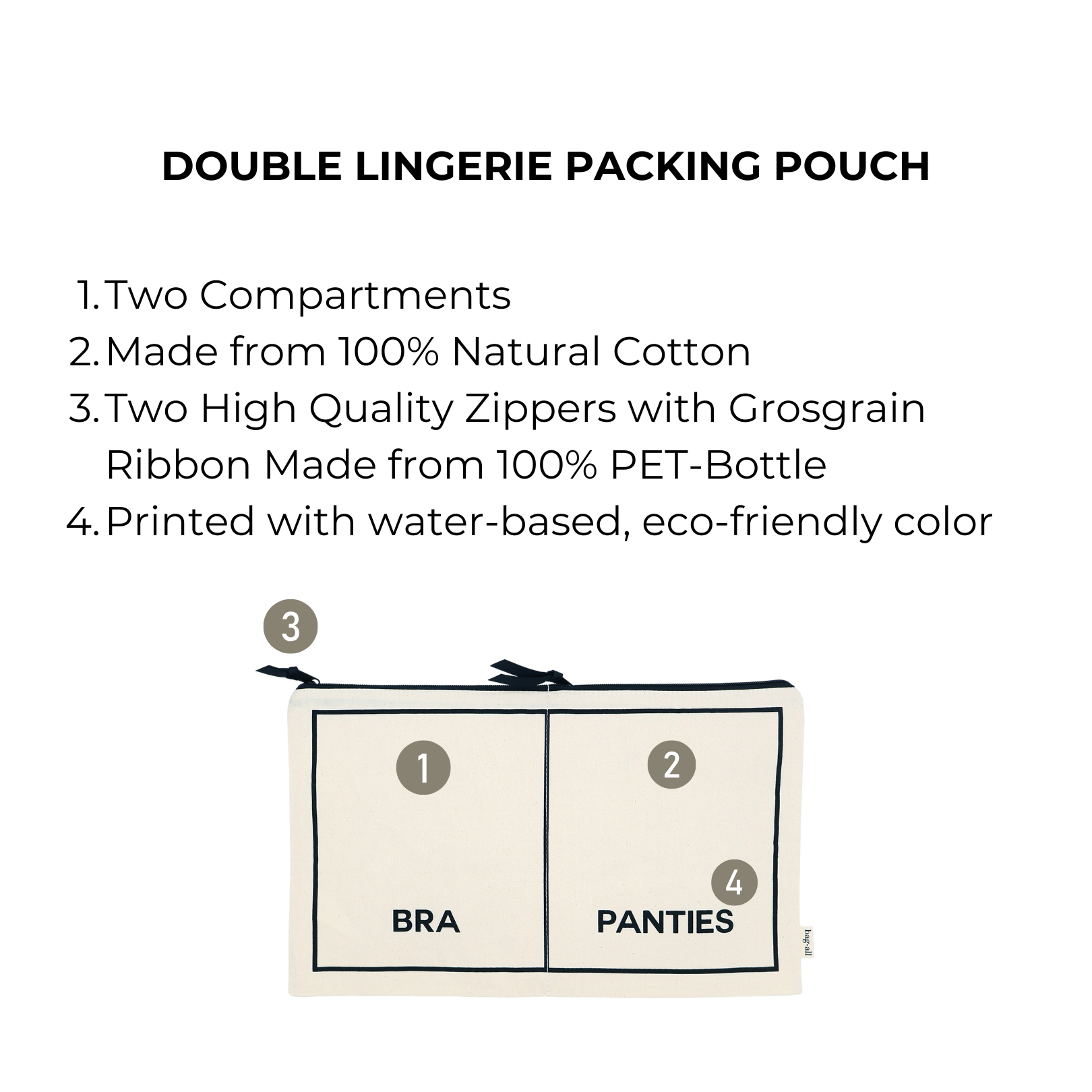 Bag-all double underwear organizer in cream with two compartments, natural cotton, and eco-friendly details for travel or home use.
