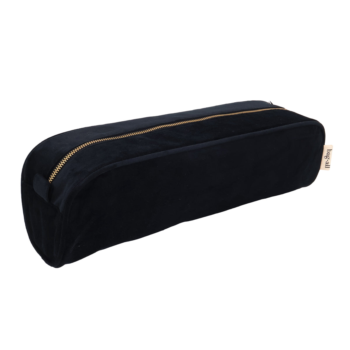 Roomy Hair Wrap Tools Travel Case – Eco Velvet – Jetset Black in black velvet with gold zip by Bag-all