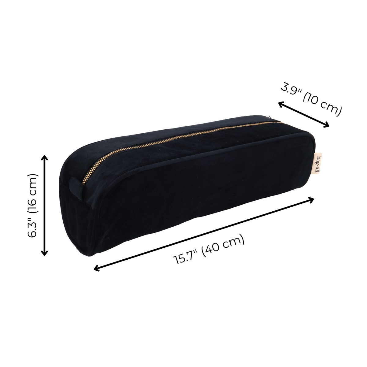 Size diagram of Roomy Hair Wrap Tools Travel Case – Velvet – Jetset Black showing 15.7 x 3.9 x 6.3 in dimensions