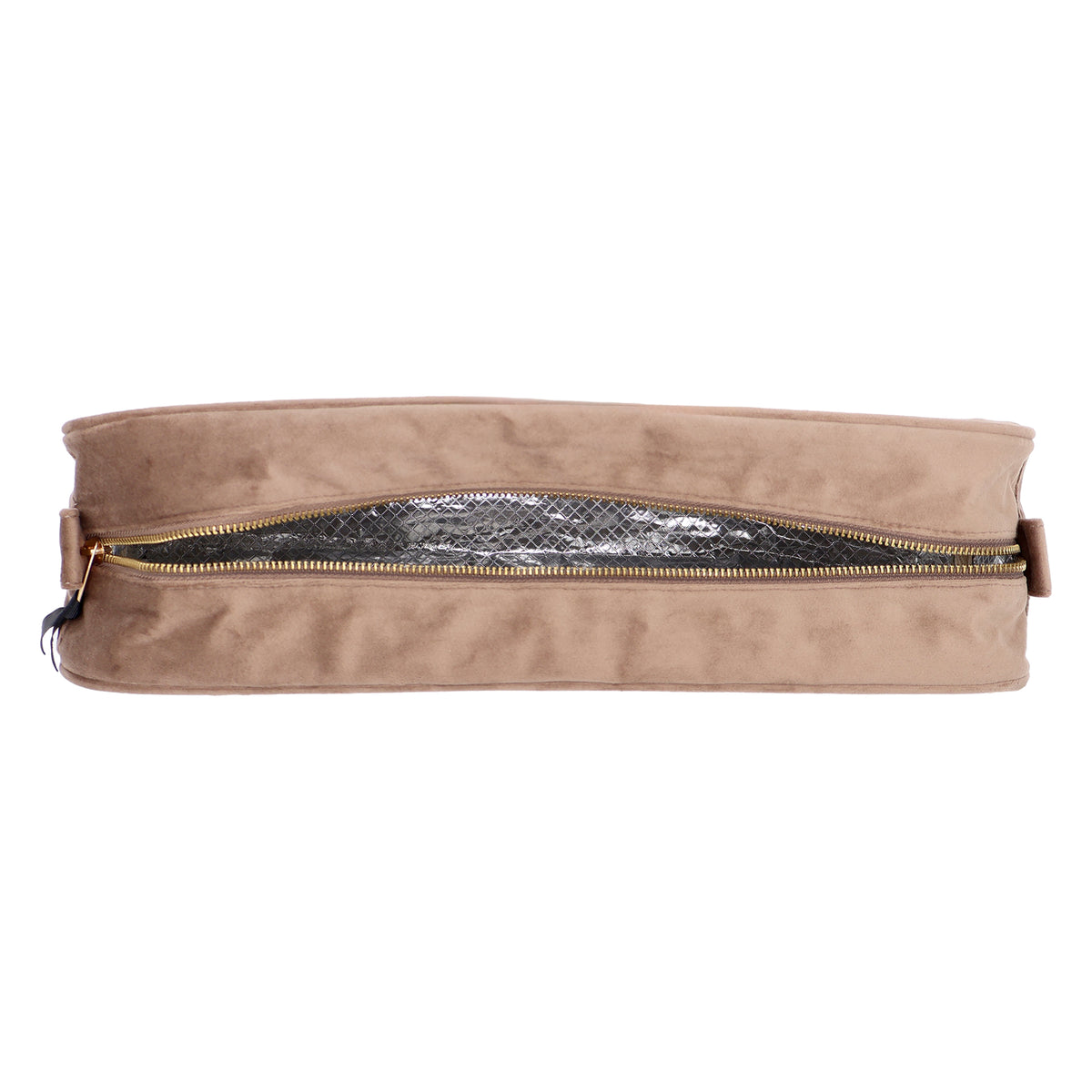 Bag-all Roomy Hair Wrap Tools Travel Case – Eco Velvet – Latte Taupe open with mesh compartment for travel organization