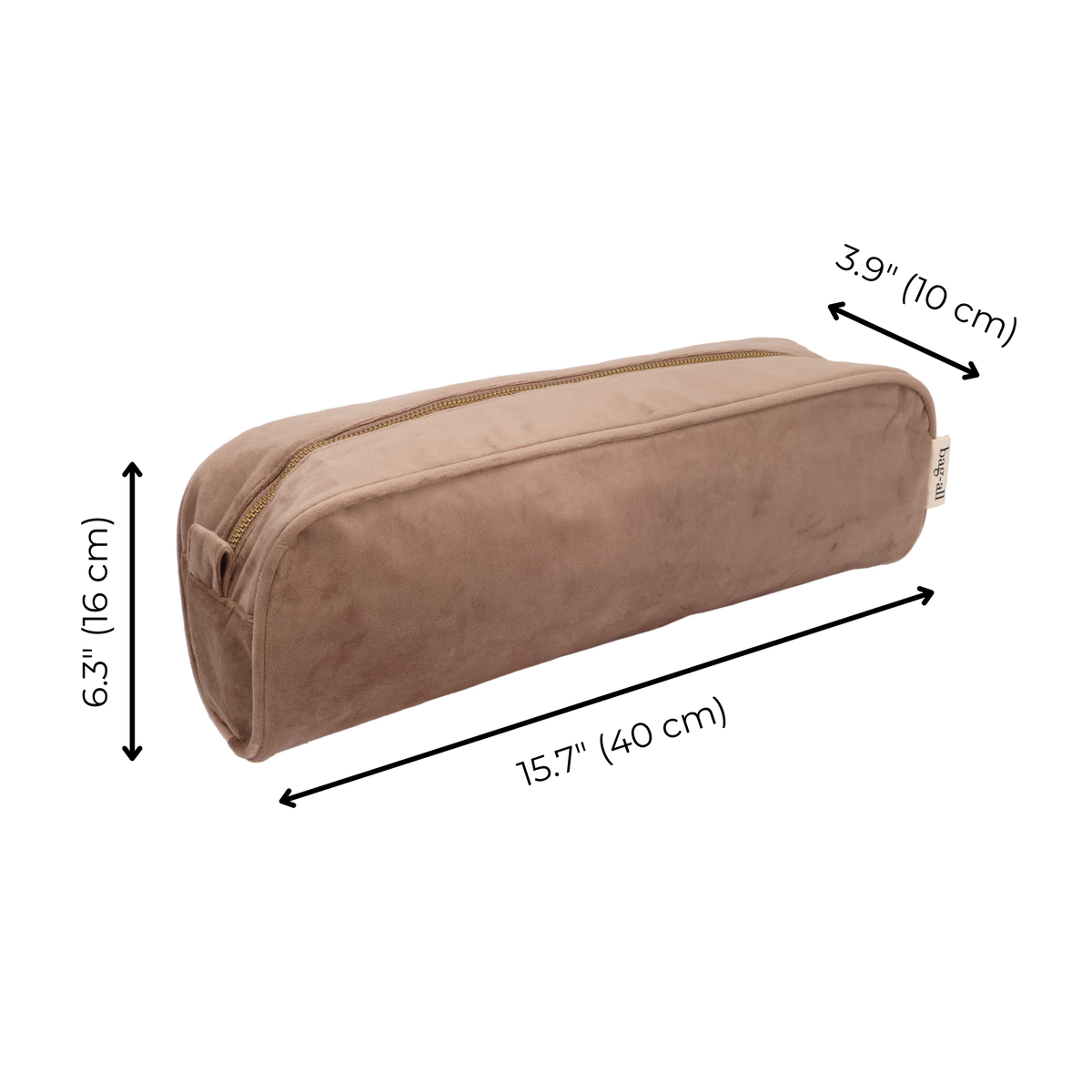 Measurement diagram of Roomy Hair Wrap Tools Travel Case – Velvet – Latte Taupe by Bag-all 15.7 x 3.9 x 6.3 in