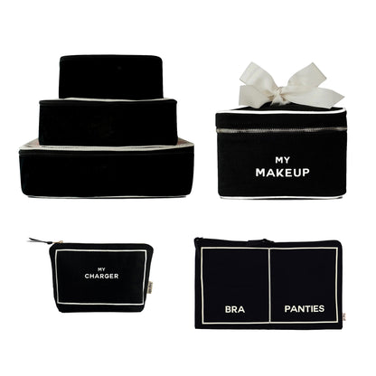Paquete de 4 Travel Glam: organización, lencería, maquillaje y tecnología, negro