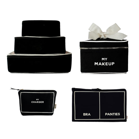 Paquete de 4 Travel Glam: organización, lencería, maquillaje y tecnología, negro