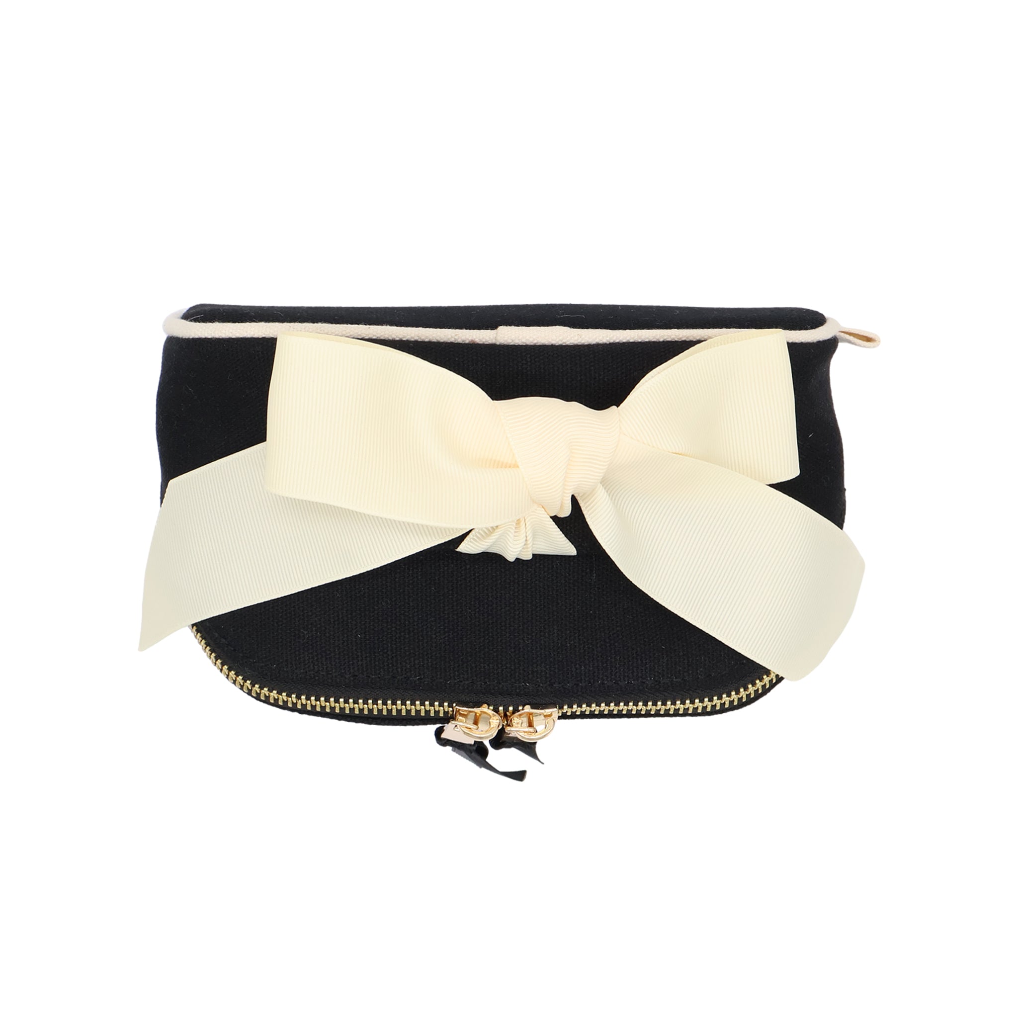 Petite Accordion Makeup Case – Black with cream bow, a personalized cotton travel bag by Bag-all for stylish organization and packing convenience