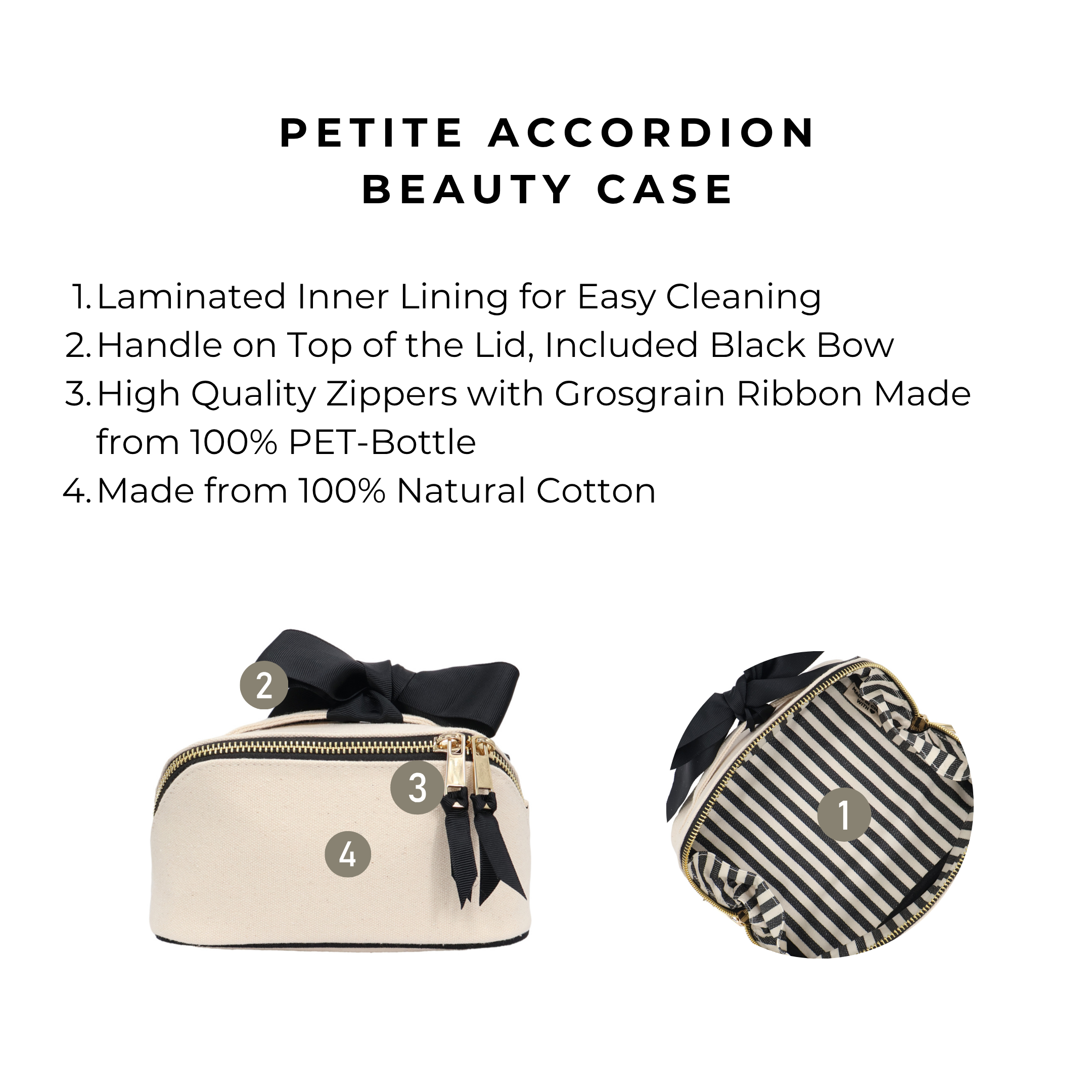 Petite Accordion Makeup Case – Cream by Bag-all, a Paris-designed personalized cotton travel bag with laminated lining, durable zippers, and stylish black bow handle for easy packing.