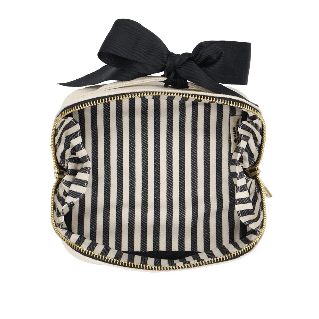 Petite Accordion Makeup Case – Cream by Bag-all with striped lining and bow for stylish travel organization
