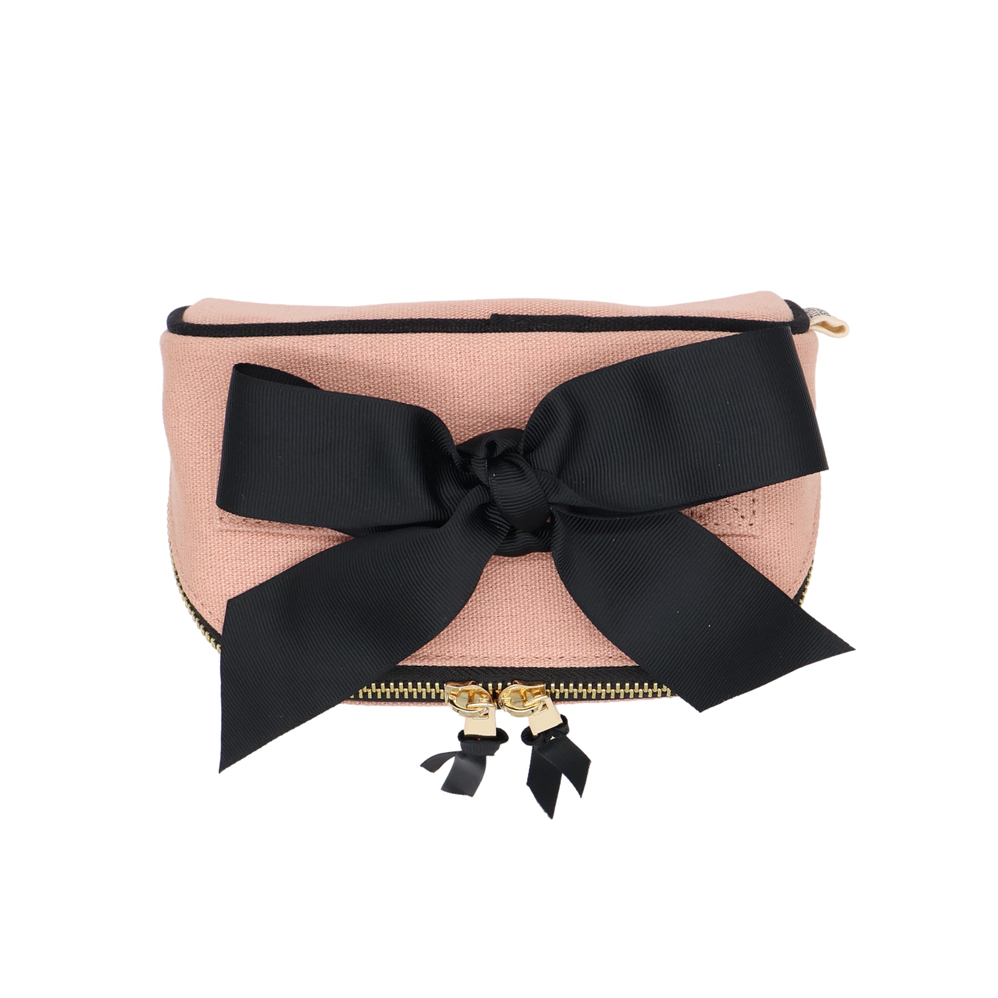 Petite Accordion Makeup Case – Pink/Blush featuring durable personalized cotton with elegant black bow and gold zipper for stylish travel organization by Bag-all