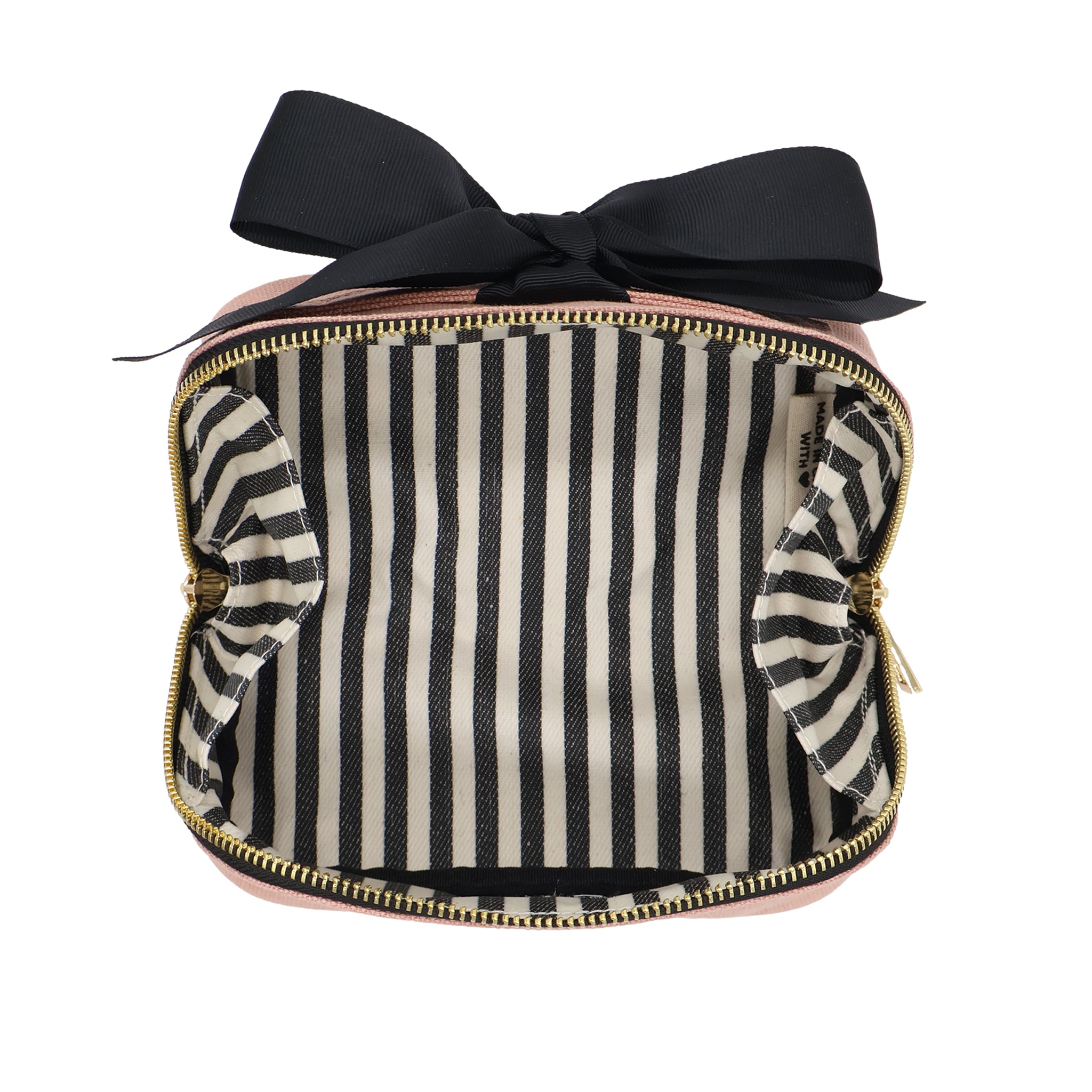 Petite Accordion Makeup Case – Pink/Blush by Bag-all, a Paris-designed personalized cotton travel bag with striped interior and elegant black bow closure.