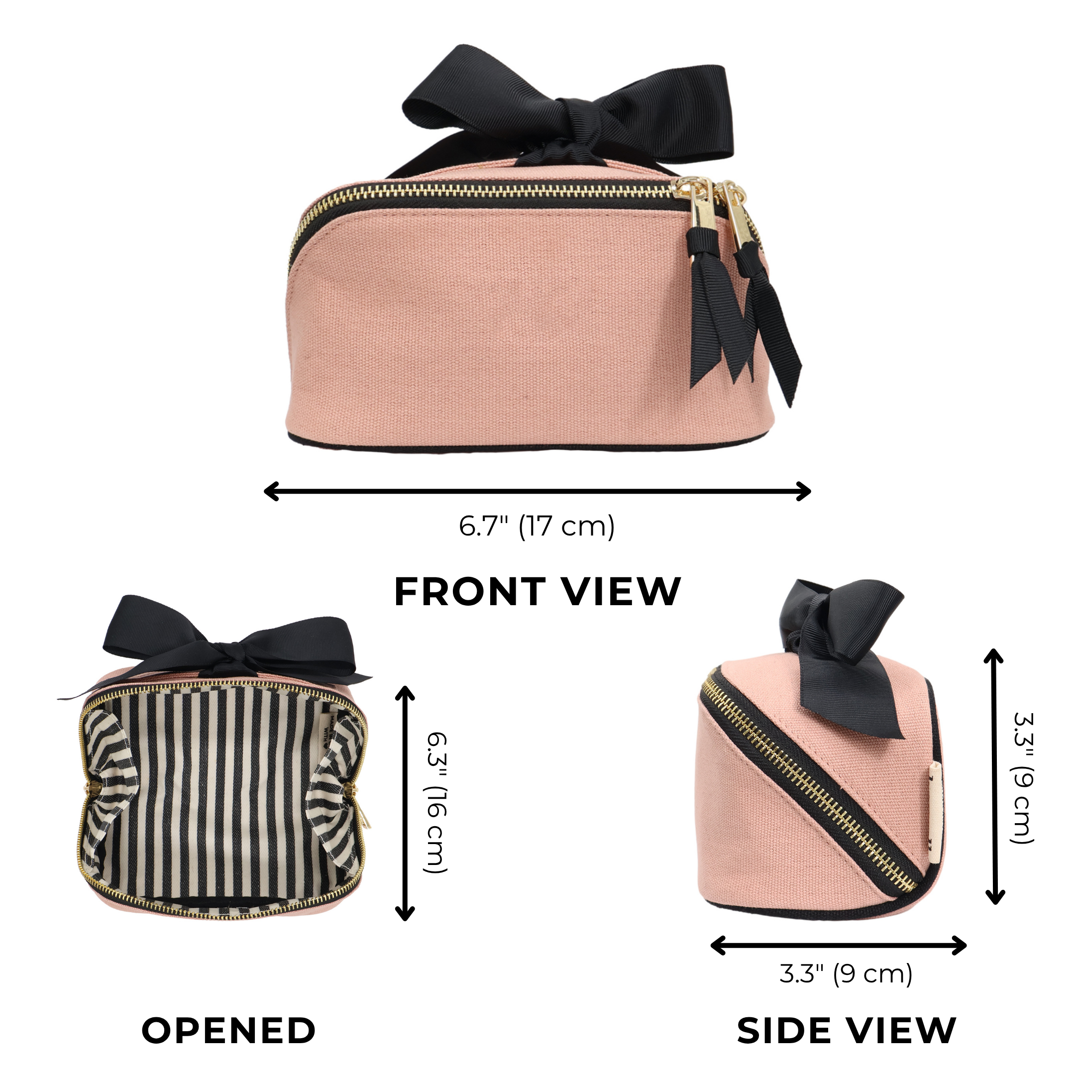 Petite Accordion Makeup Case – Pink/Blush by Bag-all, a Paris-designed personalized cotton travel bag with striped lining and elegant black bow for organized packing.