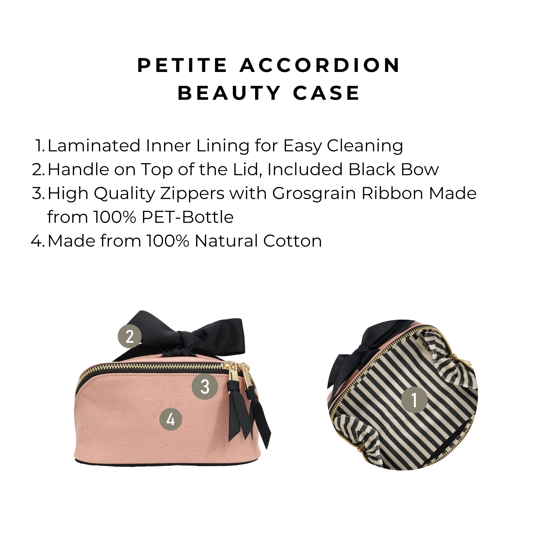 Petite Accordion Makeup Case – Pink/Blush by Bag-all, a Paris-designed personalized cotton travel bag with laminated lining, black bow, and durable zippers for organization.