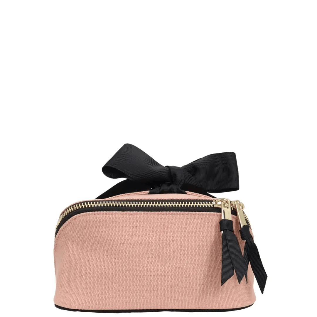 Petite Accordion Makeup Case – Pink/Blush by Bag-all, a Paris-designed personalized cotton travel bag with gold zippers and black bow for chic organization.