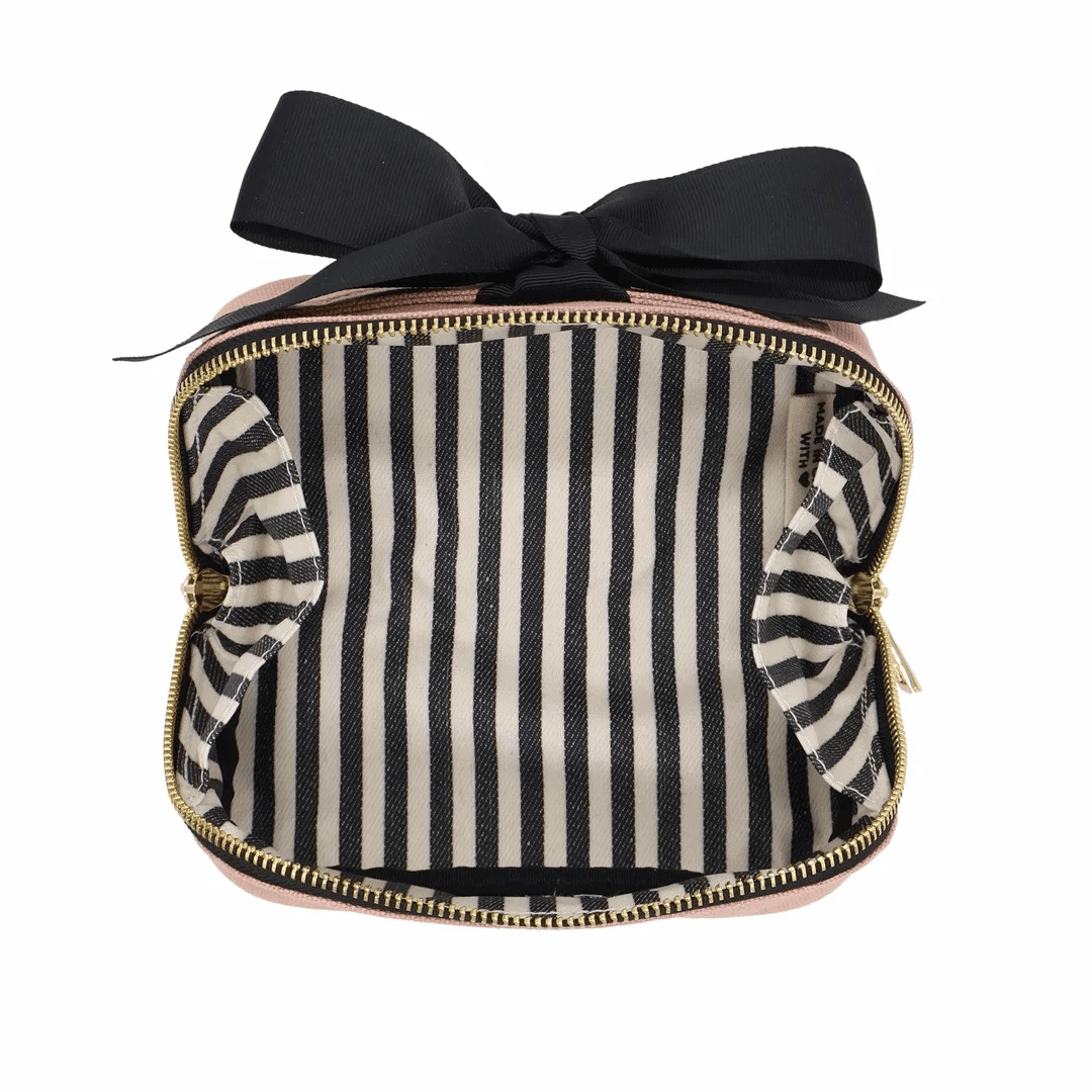 Petite Accordion Makeup Case – Pink/Blush by Bag-all with striped lining and bow for travel organization and frequent travelers