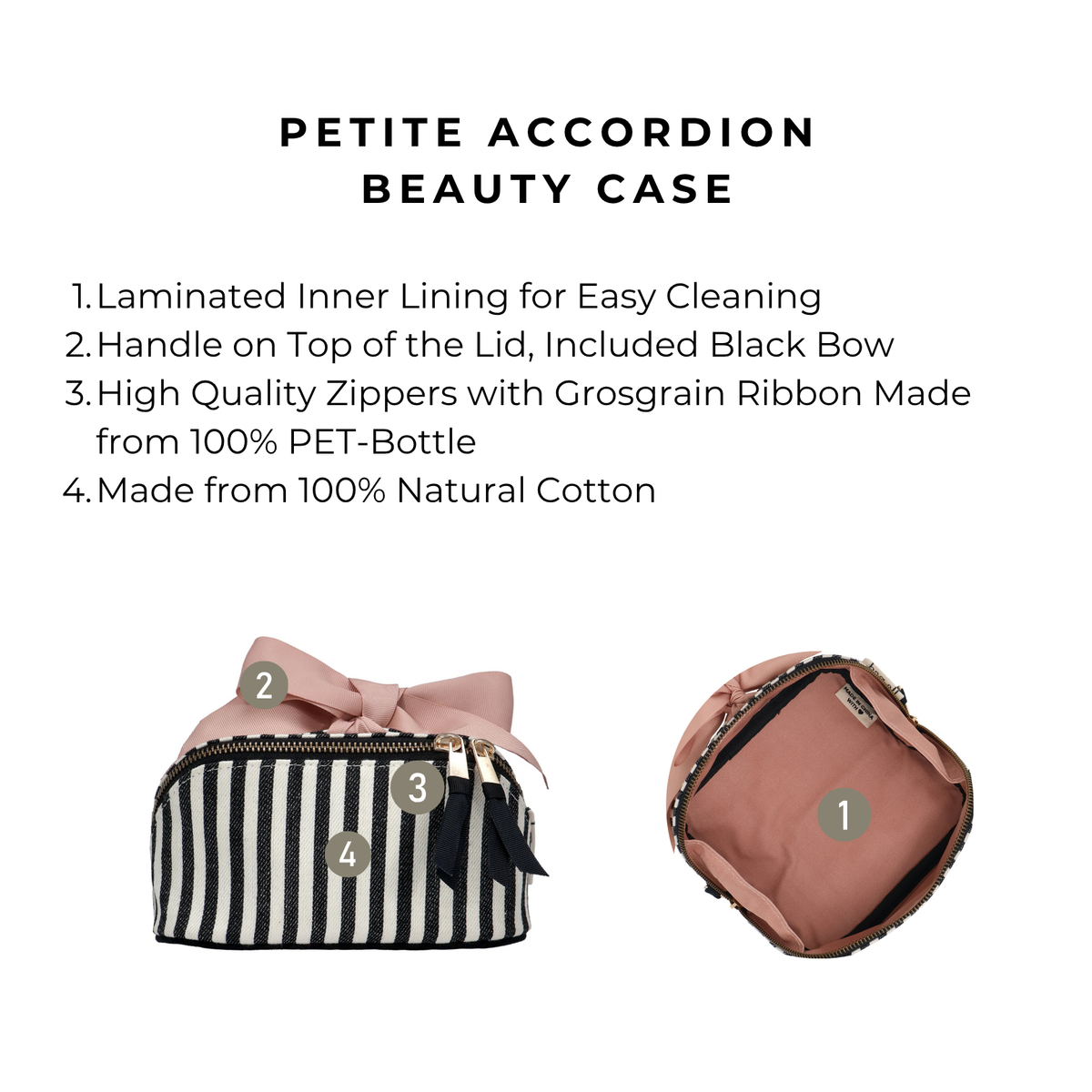 Petite Accordion Makeup Case – Striped by Bag-all with cotton lining and bow for travel organization