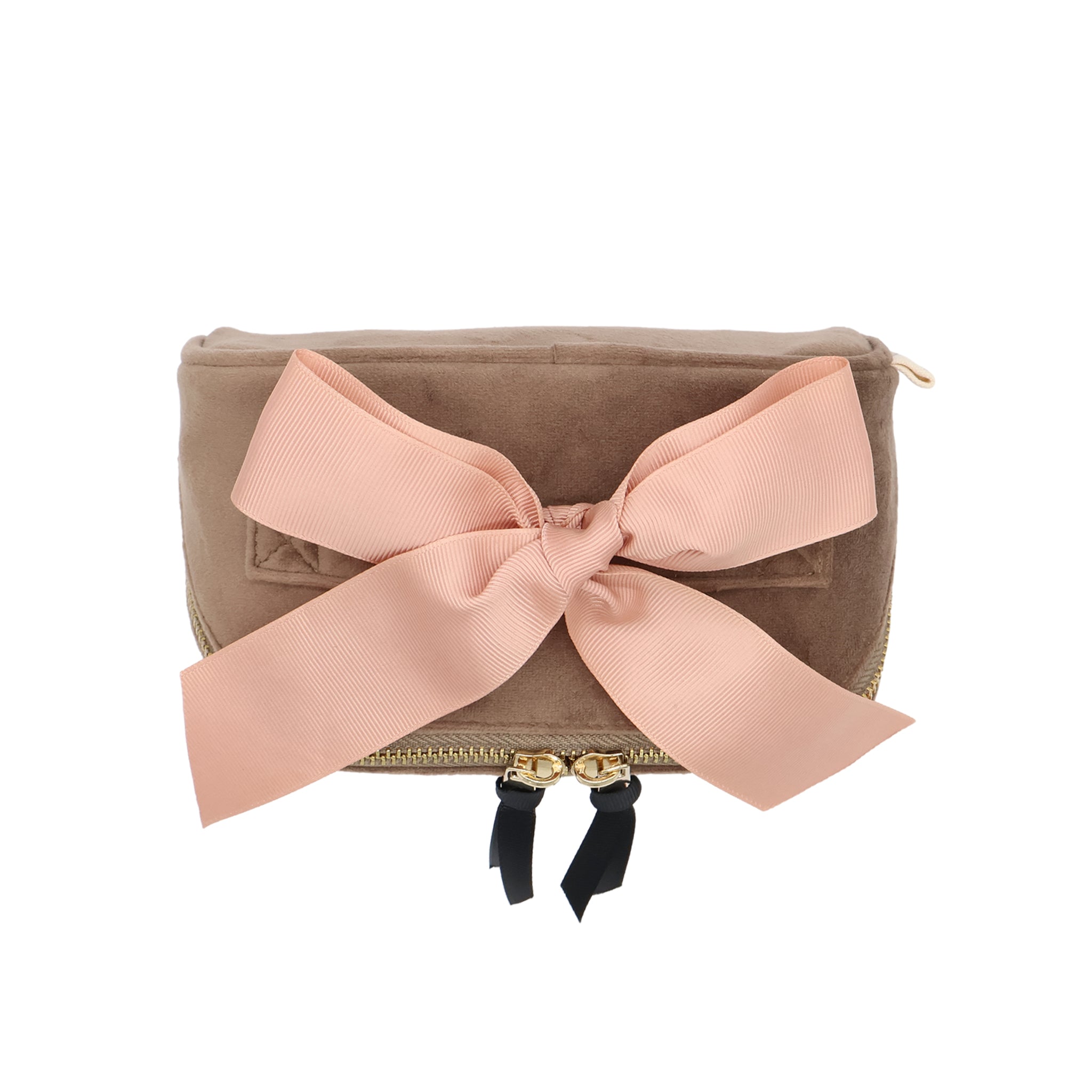 Petite Accordion Makeup Case – Eco Velvet – Latte Taupe with plush velvet, soft pink grosgrain bow, gold zipper, perfect for personalized travel organization by Bag-all