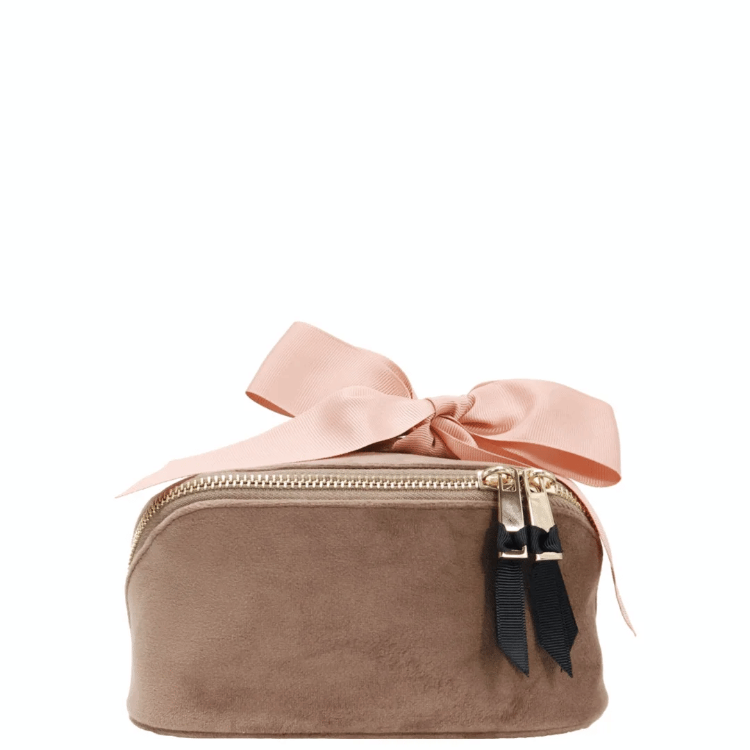 Petite Accordion Makeup Case – Velvet – Latte Taupe by Bag-all with bow and zipper for travel organization