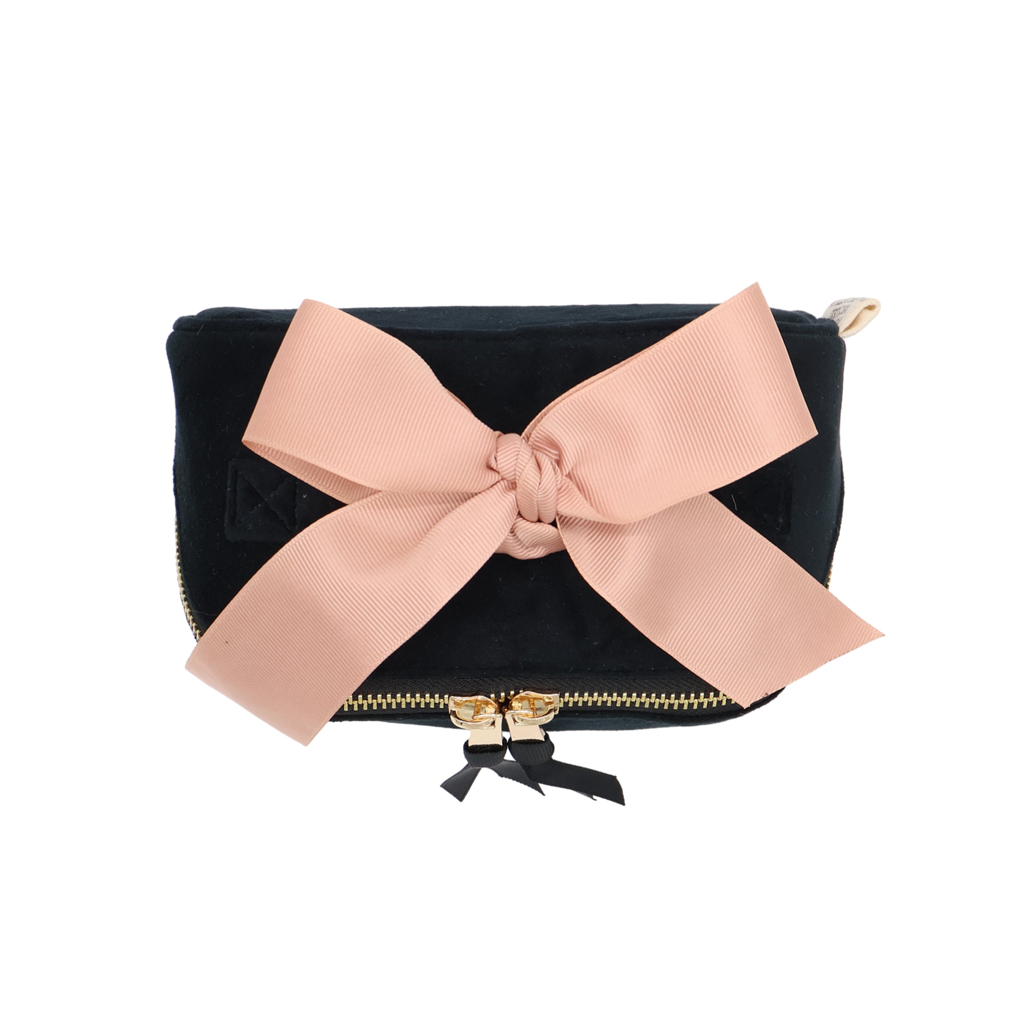 Petite Accordion Makeup Case – Eco Velvet – Jetset Black with blush pink bow, gold zipper, crafted for stylish travel organization by Bag-all, Paris-designed.
