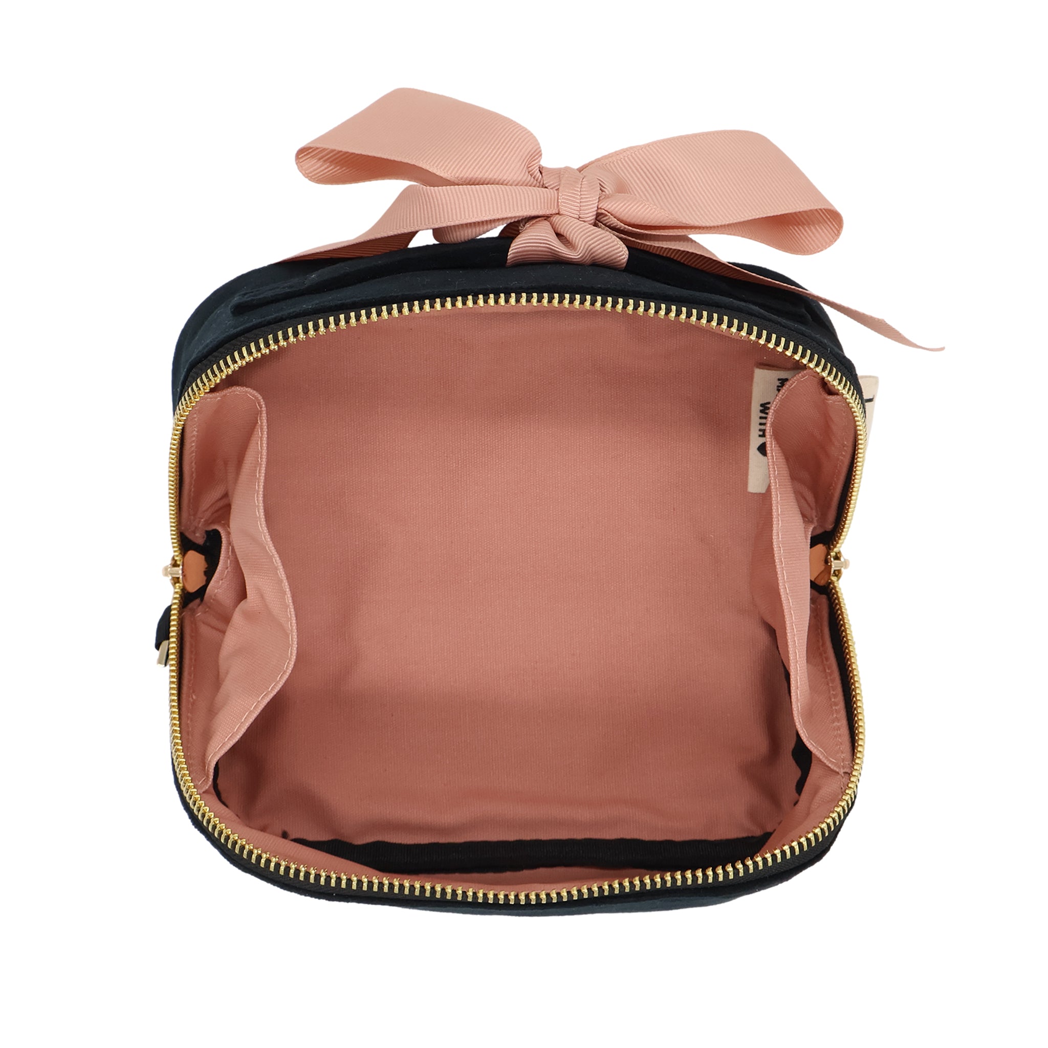 Petite Accordion Makeup Case – Eco Velvet – Jetset Black by Bag-all, a Paris-designed travel bag with soft velvet exterior and peach-lined interior for organized packing.