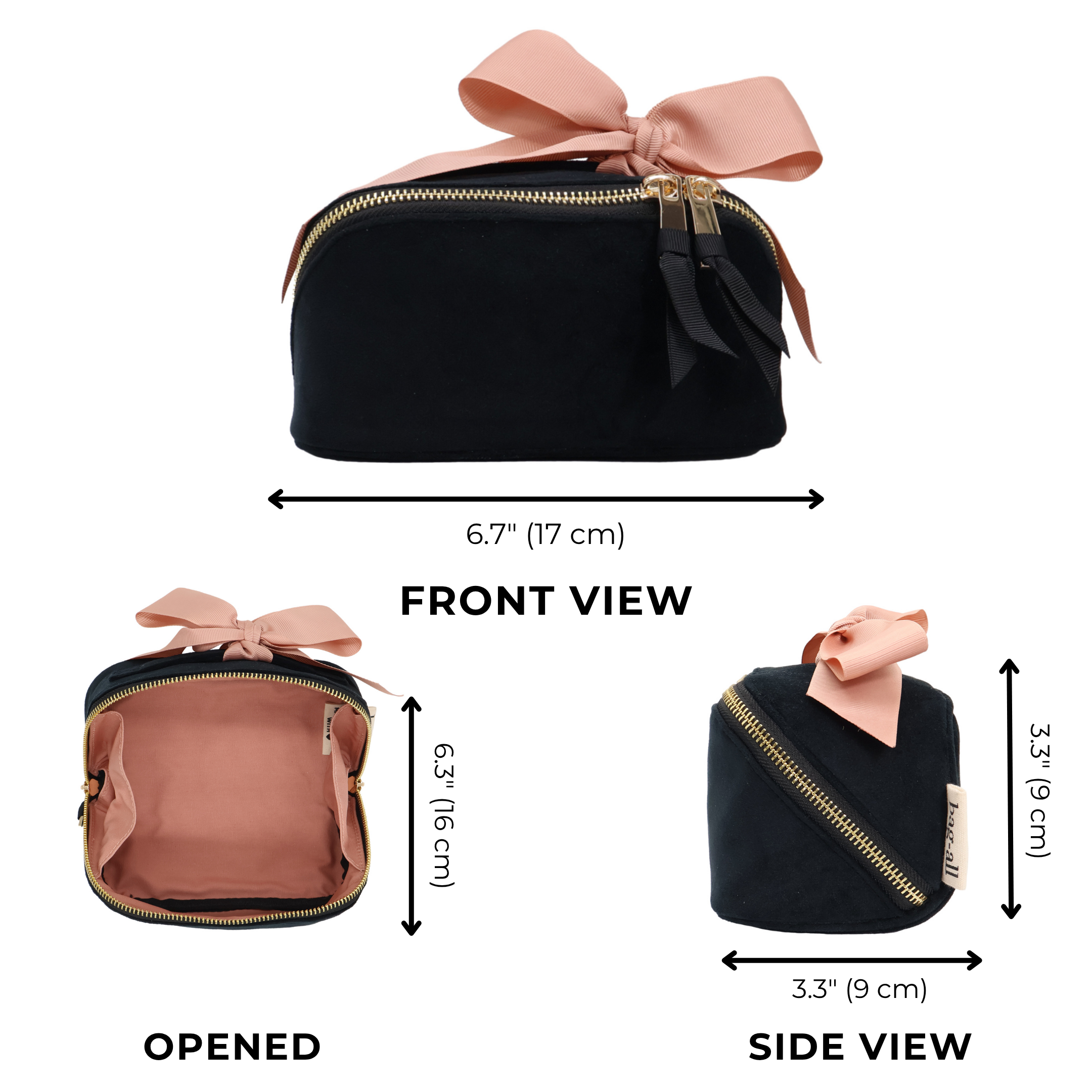 Petite Accordion Makeup Case – Eco Velvet – Jetset Black by Bag-all, a Paris-designed cotton travel organizer with velvet texture and a pink bow detail.