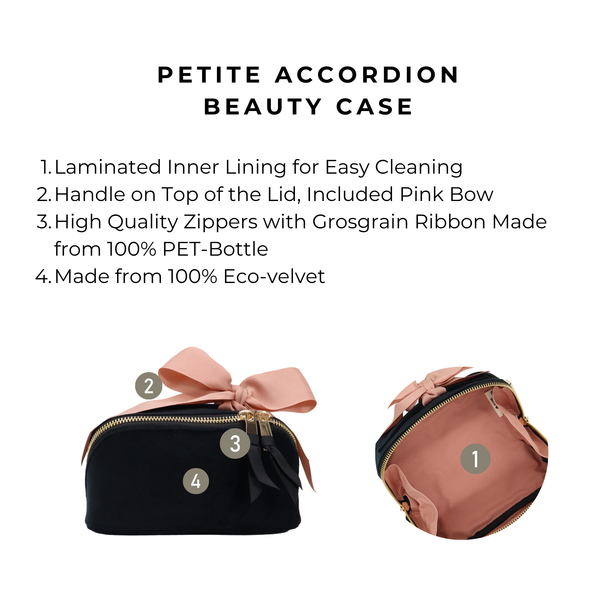 Petite Accordion Makeup Case – Eco Velvet – Jetset Black by Bag-all features durable eco-velvet, laminated lining, grosgrain zipper, and pink bow handle for travel organization.