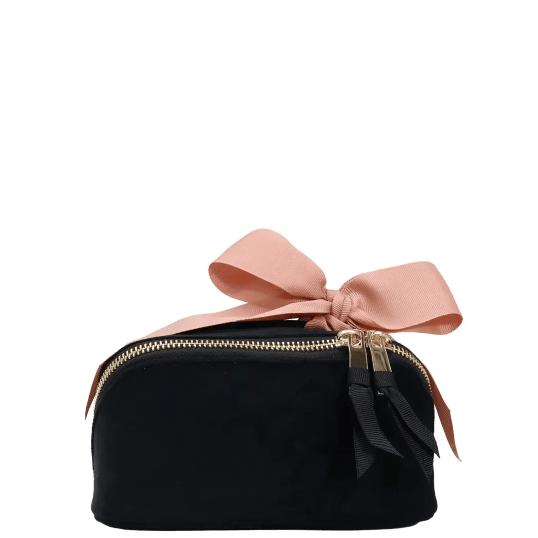Petite Accordion Makeup Case – Eco Velvet – Jetset Black by Bag-all, a Paris-designed personalized travel pouch with luxurious velvet and blush bow.