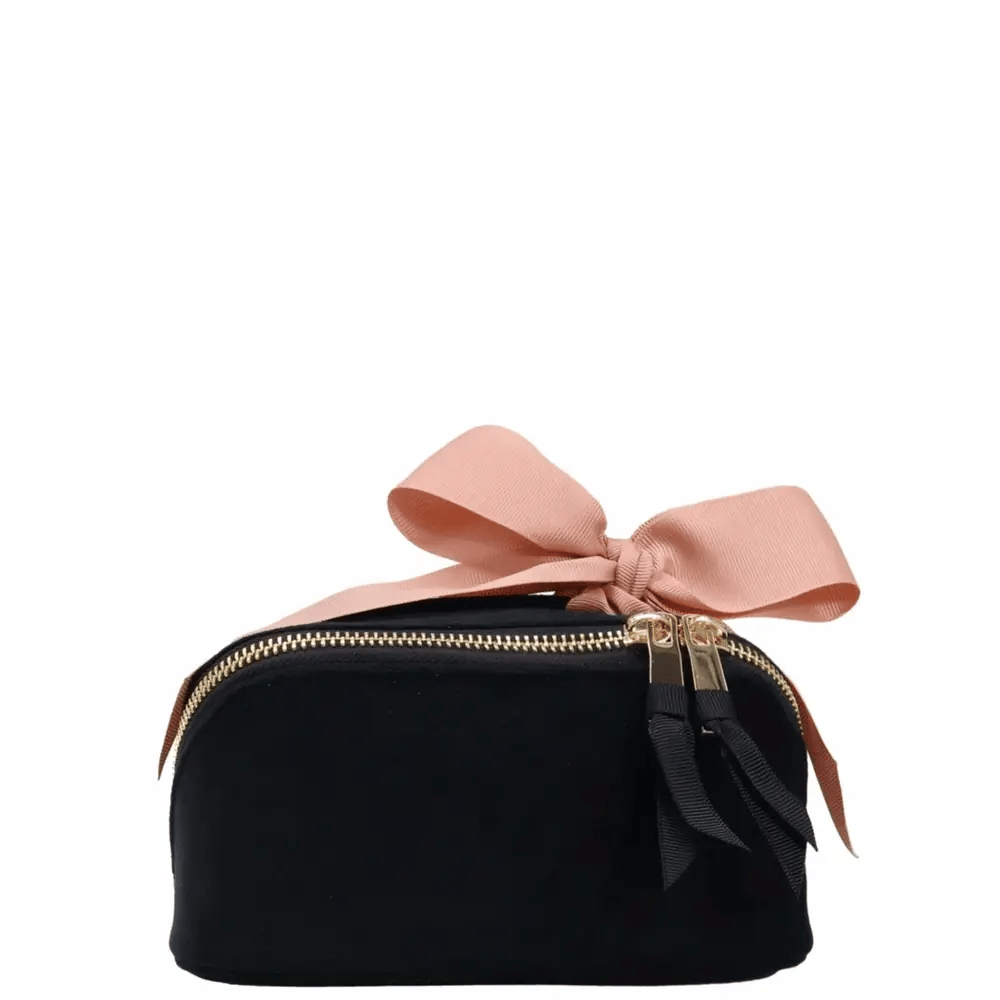Petite Accordion Makeup Case – Velvet – Jetset Black by Bag-all with pink bow and gold zipper for travel organization