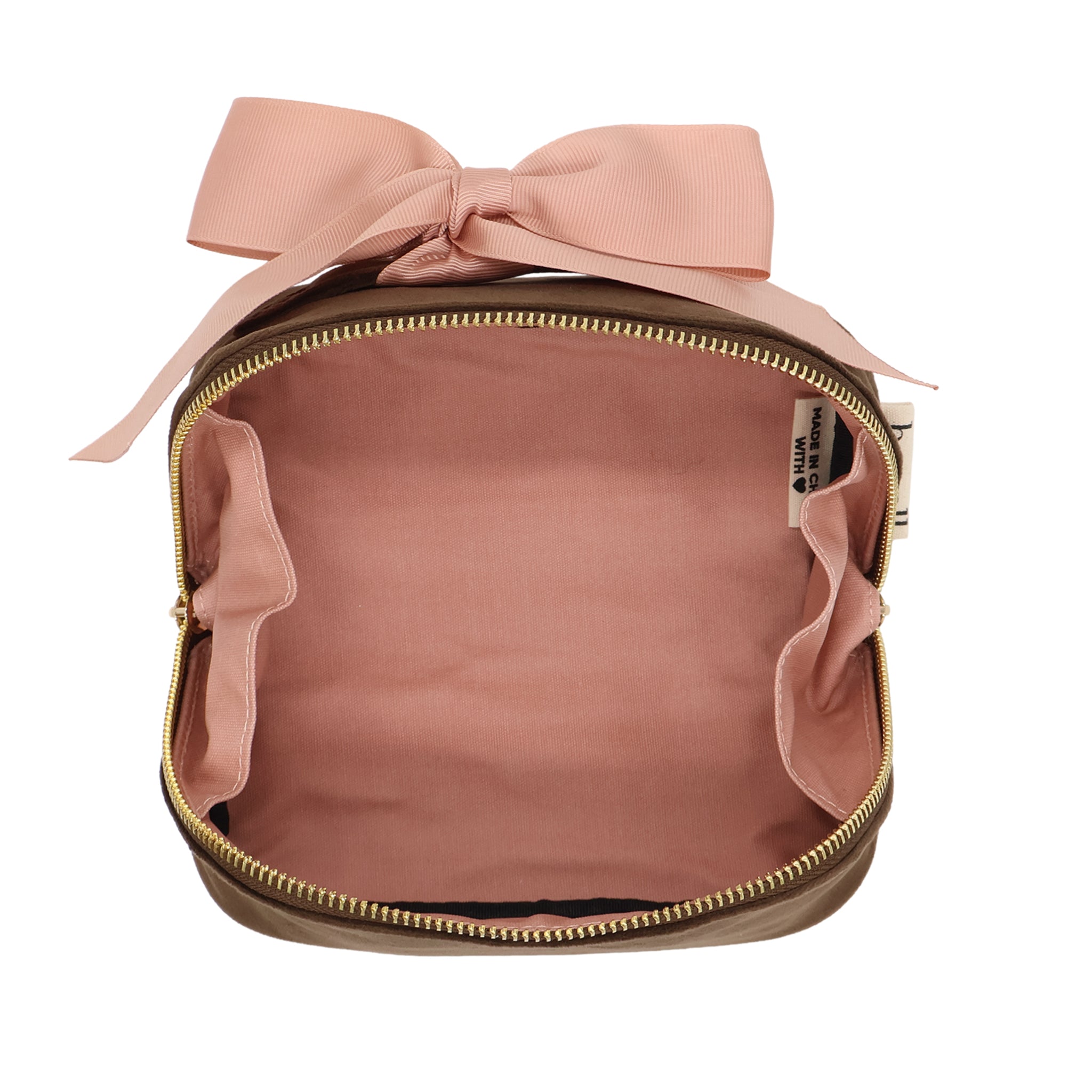 Petite Accordion Makeup Case – Eco Velvet – Espresso Brown with spacious cotton interior, pink grosgrain bow, and gold zipper for personalized travel organization by Bag-all.