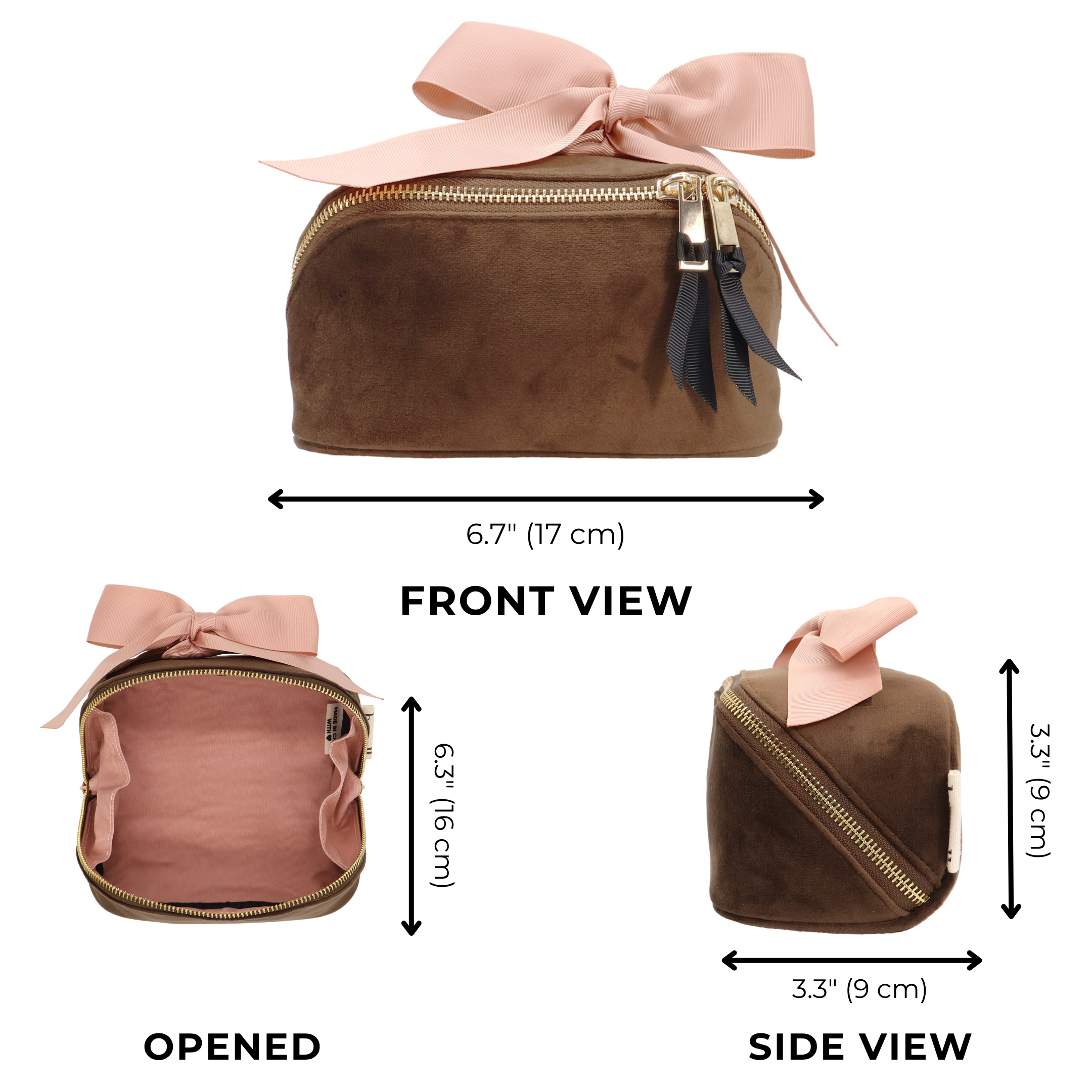 Petite Accordion Makeup Case – Eco Velvet – Espresso Brown with soft velvet, pink grosgrain bow, gold zippers for personalized travel organization by Bag-all.