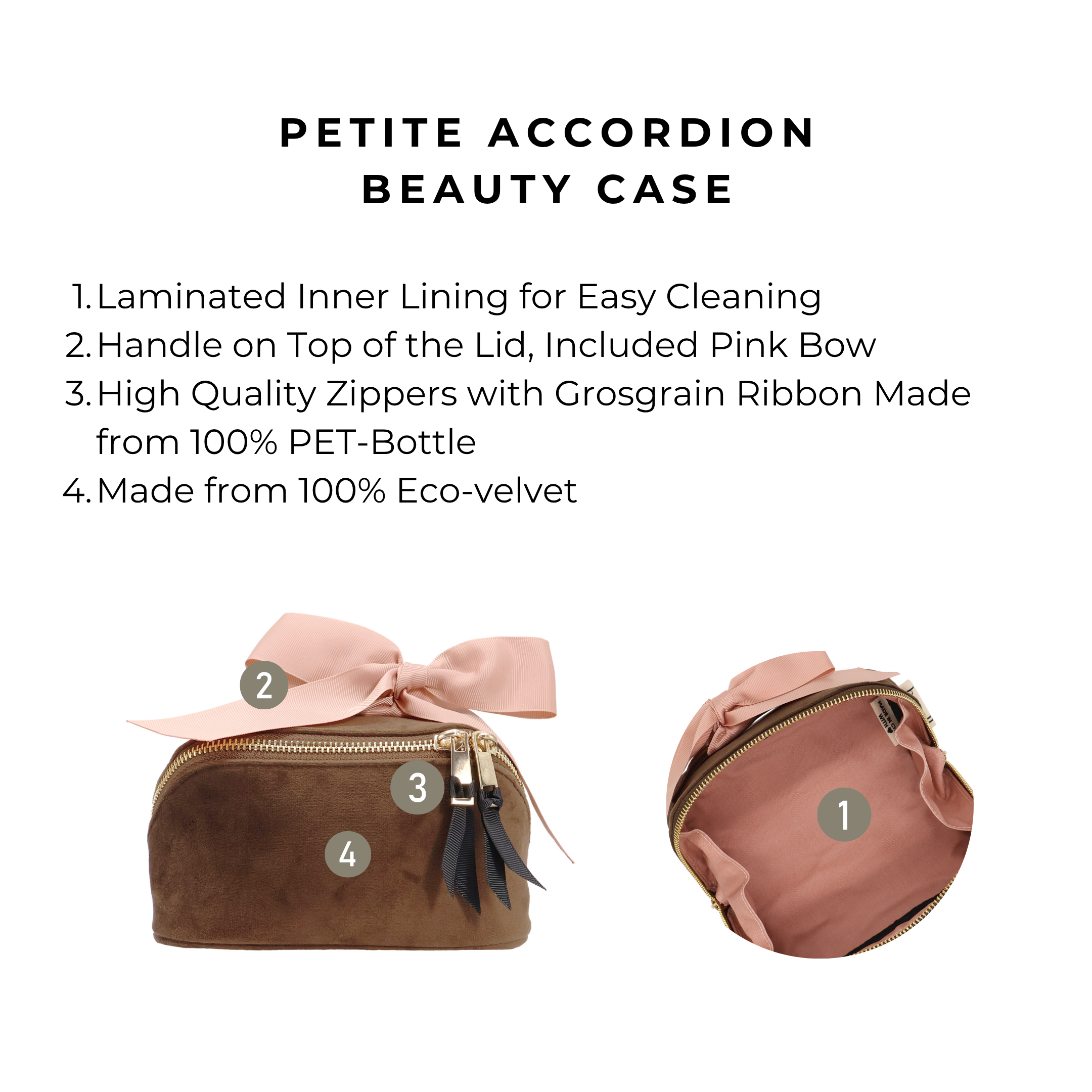 Petite Accordion Makeup Case – Eco Velvet – Espresso Brown with laminated lining, pink grosgrain bow, durable eco velvet, and high-quality gold zippers for travel organization by Bag-all.