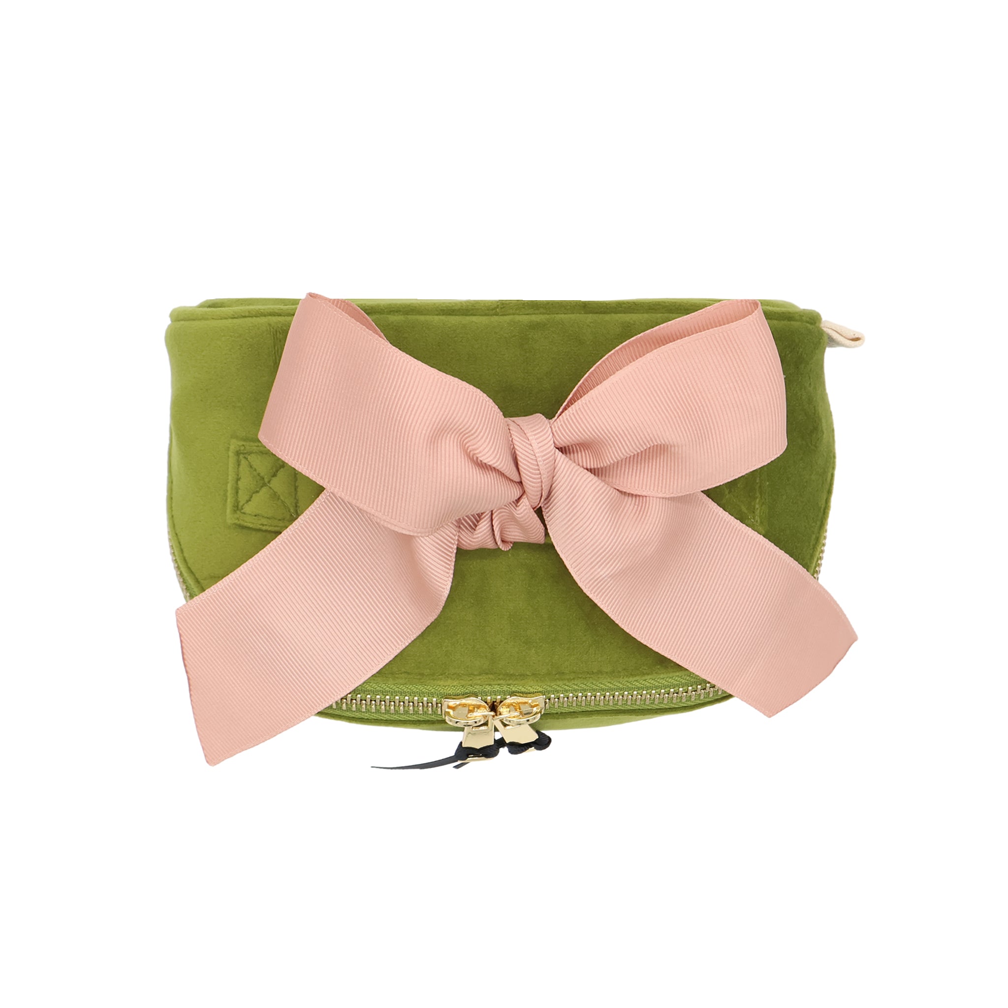 Petite Accordion Makeup Case – Eco Velvet – Matcha Green with soft velvet texture and blush grosgrain bow, designed by Bag-all for personalized travel organization.
