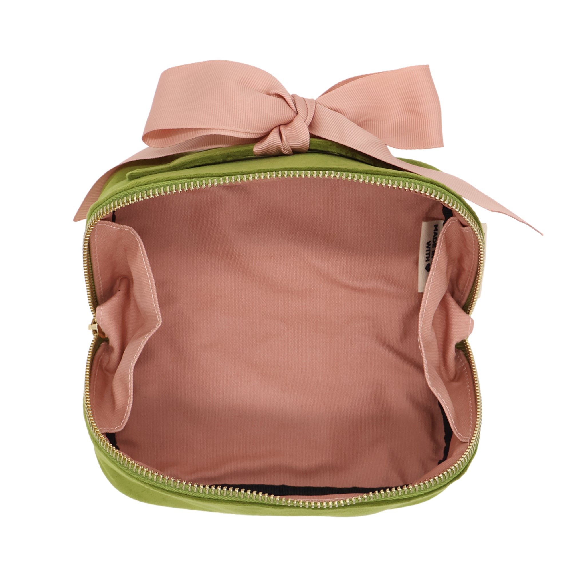 Petite Accordion Makeup Case – Eco Velvet – Matcha Green with soft pink interior and bow, designed by Bag-all for personalized travel organization and style