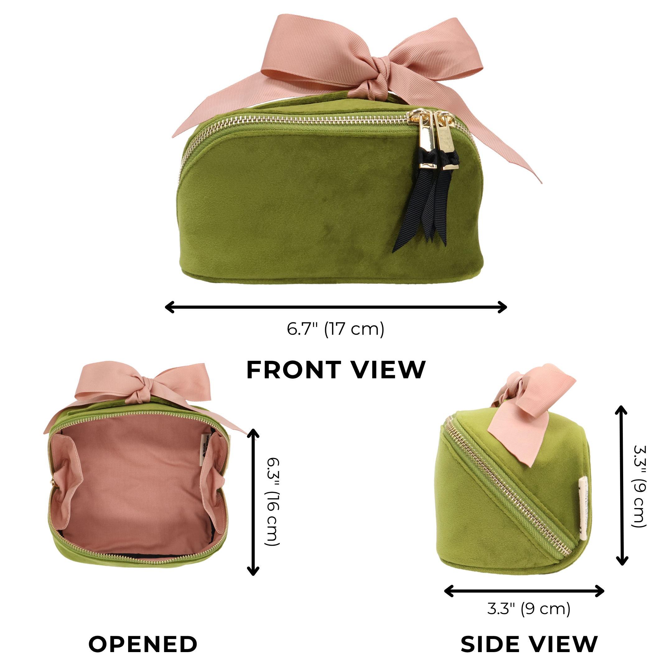 Petite Accordion Makeup Case – Eco Velvet – Matcha Green with pink bow and gold zippers, a Paris-designed travel organizer for personalized packing by Bag-all.