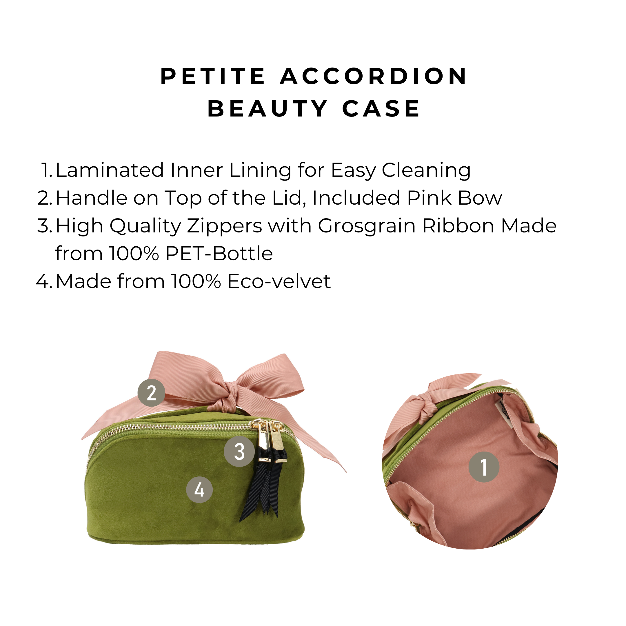 Petite Accordion Makeup Case – Eco Velvet – Matcha Green with laminated lining, pink bow handle, and durable eco-velvet for personalized travel organization by Bag-all.