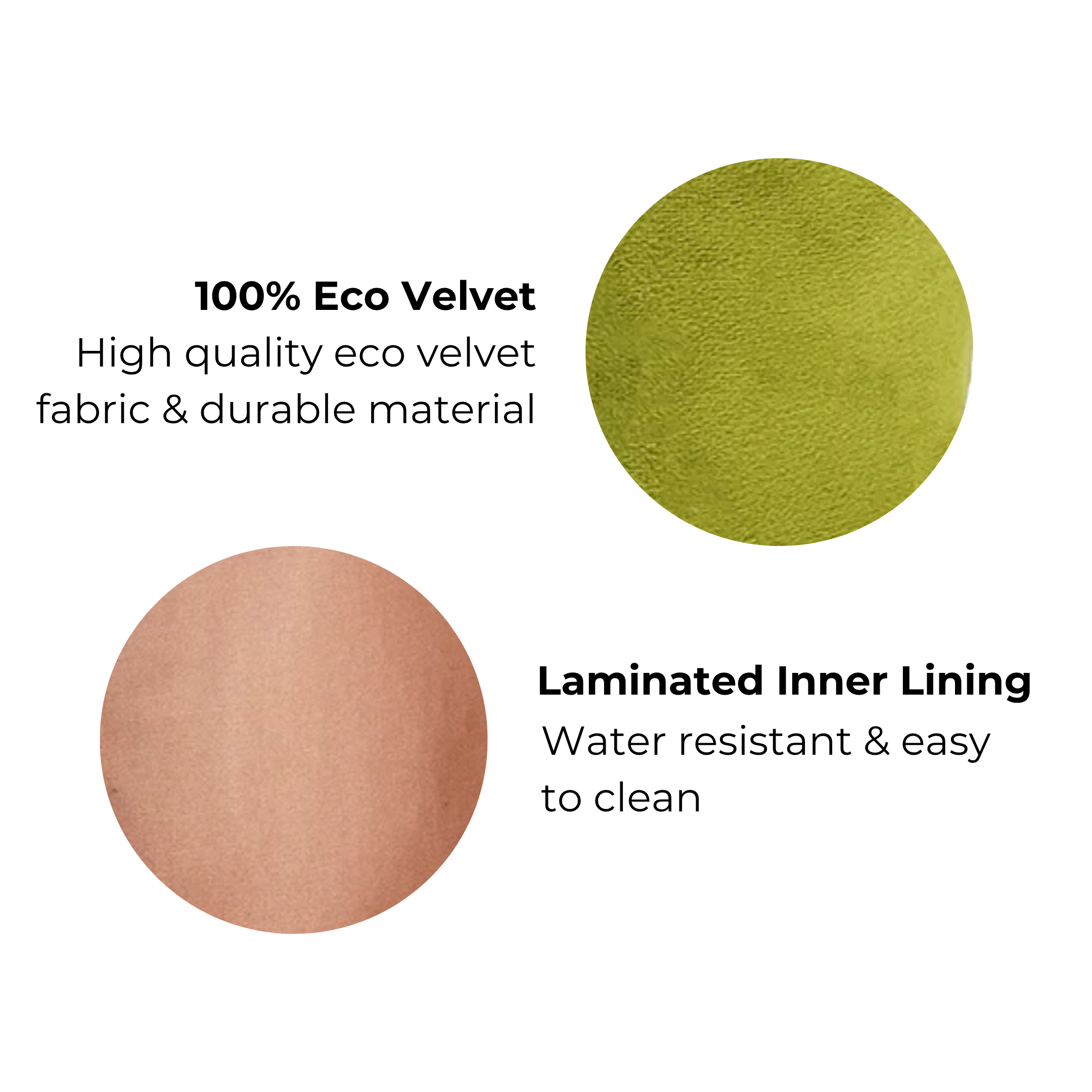 Close-up of high-quality eco velvet fabric in matcha green and water-resistant laminated inner lining in soft peach for Petite Accordion Makeup Case – Eco Velvet – Matcha Green by Bag-all.