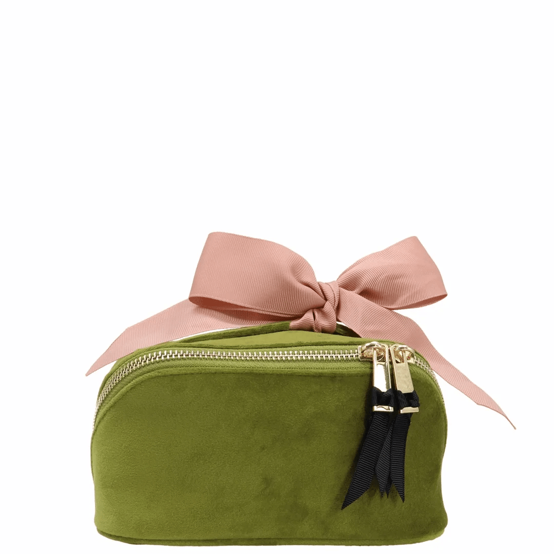 Petite Accordion Makeup Case – Velvet – Matcha Green by Bag-all with pink bow and gold zipper for travel organization