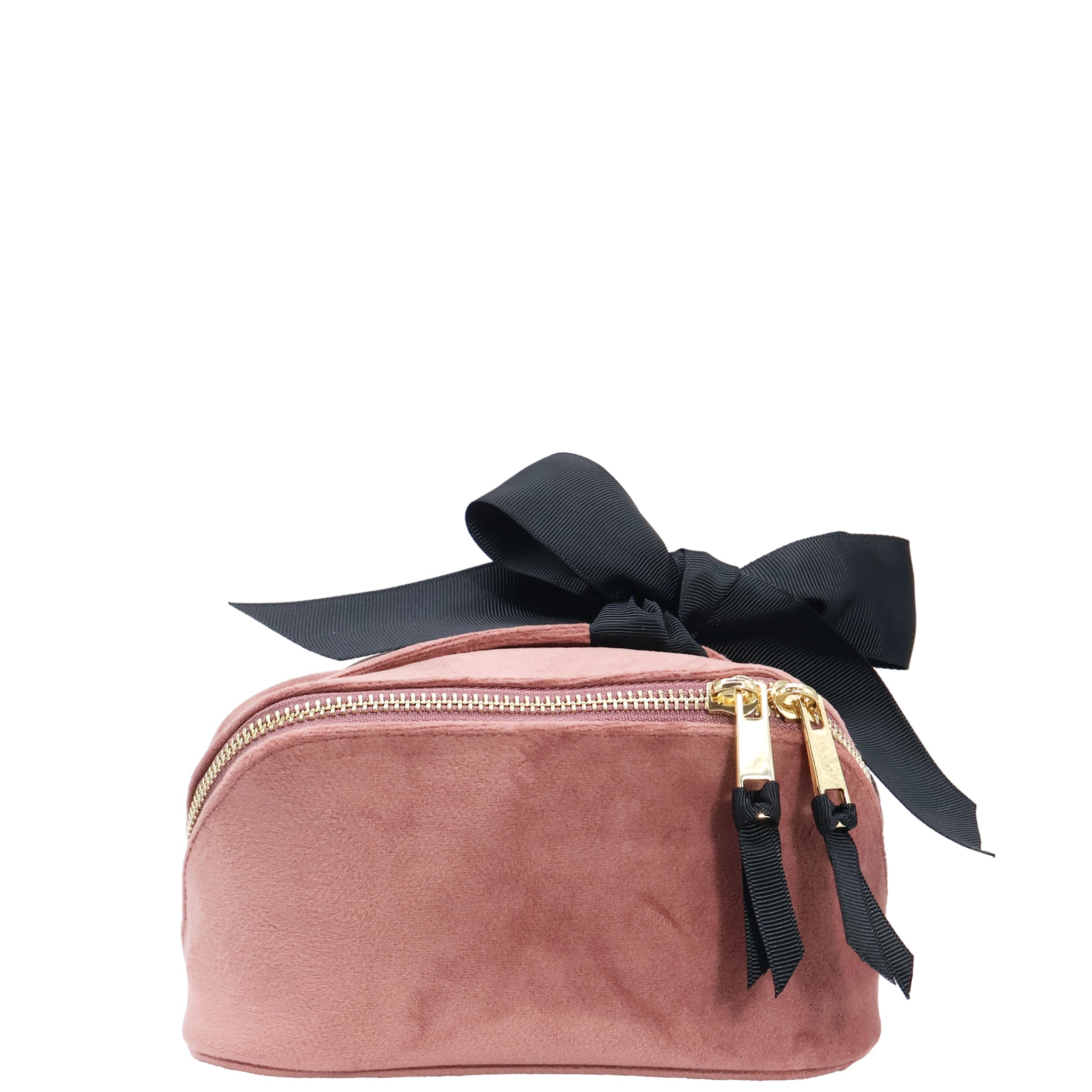 Petite Accordion Makeup Case – Eco Velvet – Blush Pink with gold zippers and black ribbon, perfect for stylish travel organization by Bag-all.