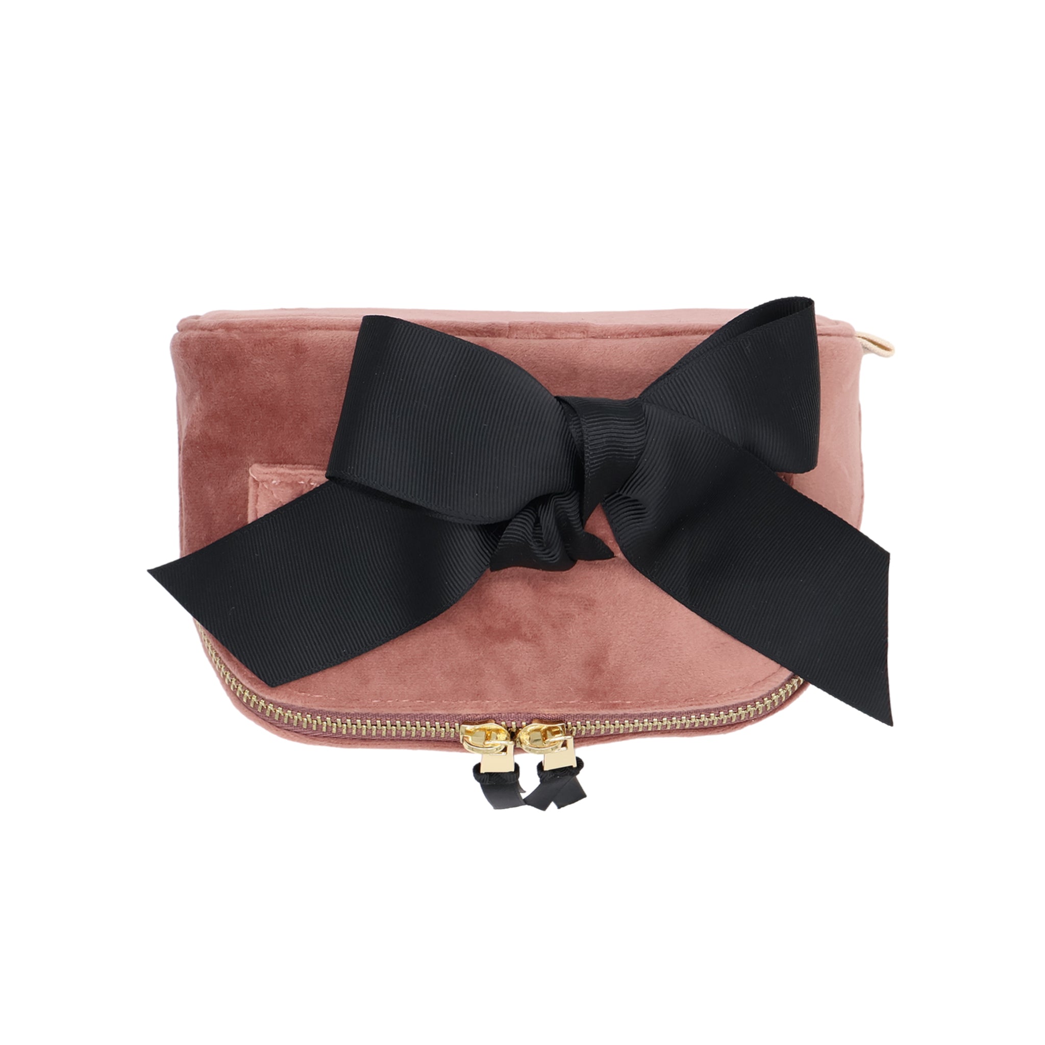 Petite Accordion Makeup Case – Eco Velvet – Blush Pink with large black grosgrain bow and gold zippers, designed by Bag-all for personalized travel organization.