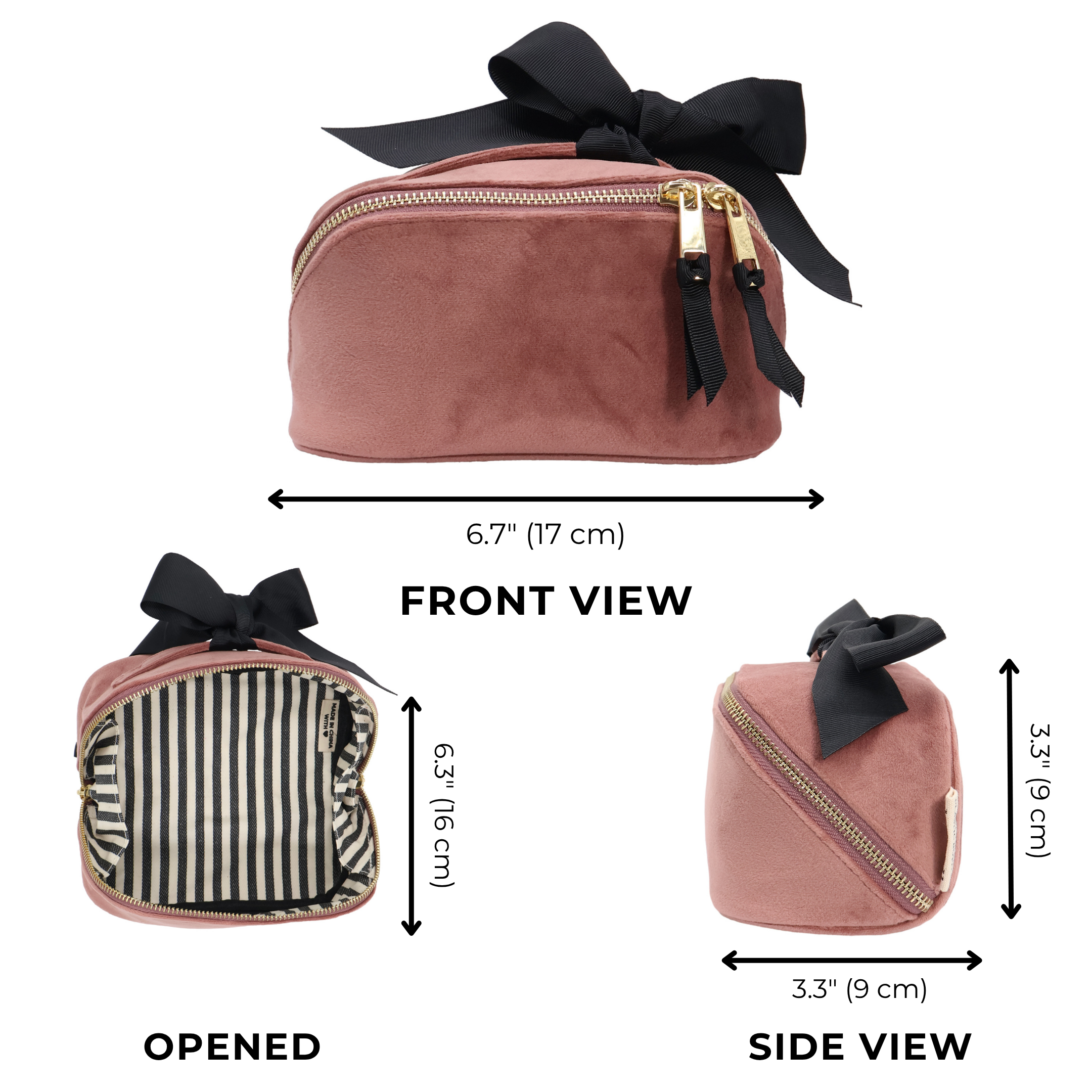 Petite Accordion Makeup Case – Eco Velvet – Blush Pink with black bow, striped interior, and gold zippers for stylish travel organization by Bag-all.