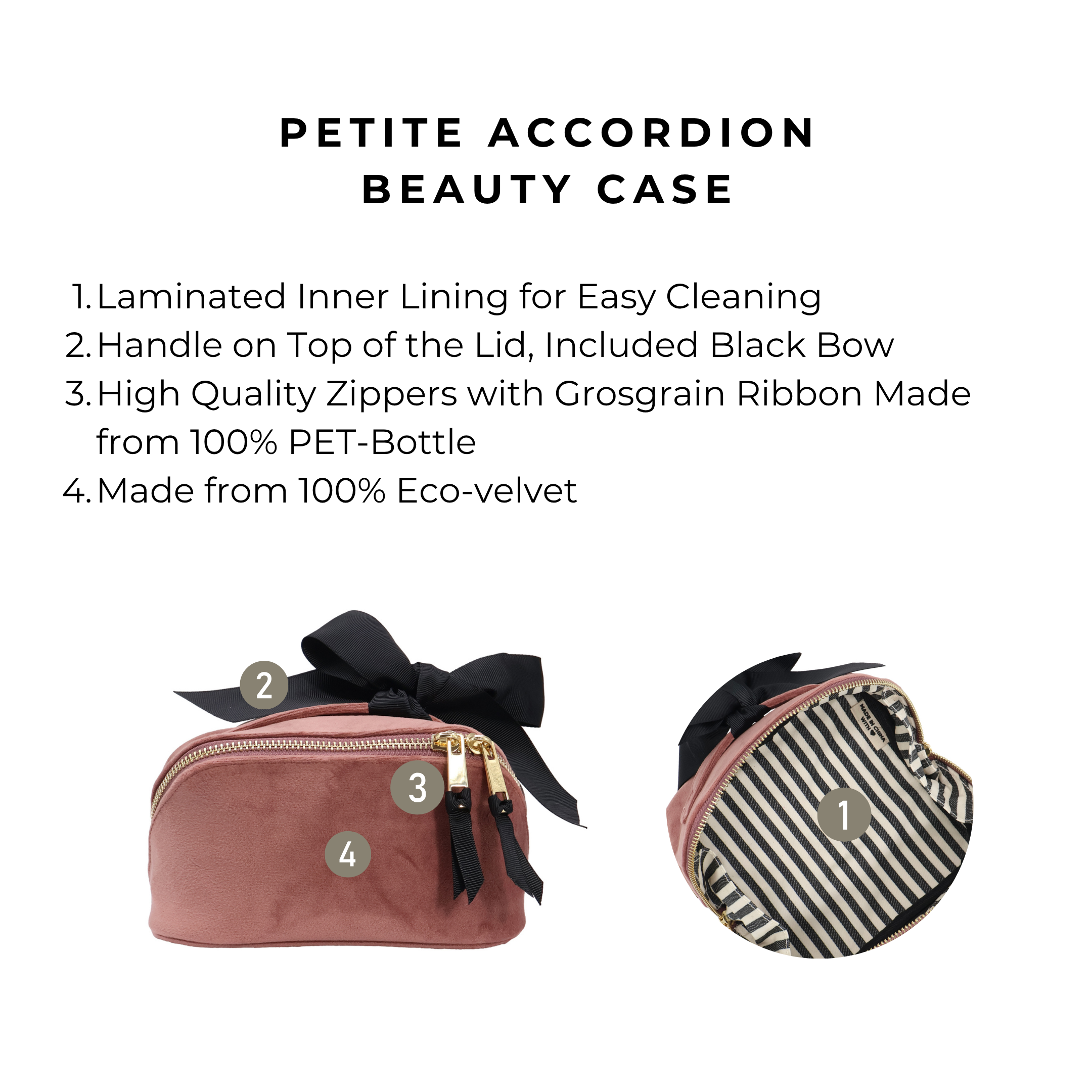 Petite Accordion Makeup Case – Eco Velvet – Blush Pink featuring black bow handle, durable zippers with grosgrain ribbon, laminated lining, and eco-velvet fabric by Bag-all.