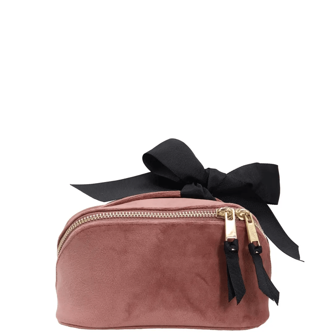 Petite Accordion Makeup Case – Eco Velvet – Blush Pink with gold-tone zippers and black grosgrain bow, designed by Bag-all for personalized travel organization.