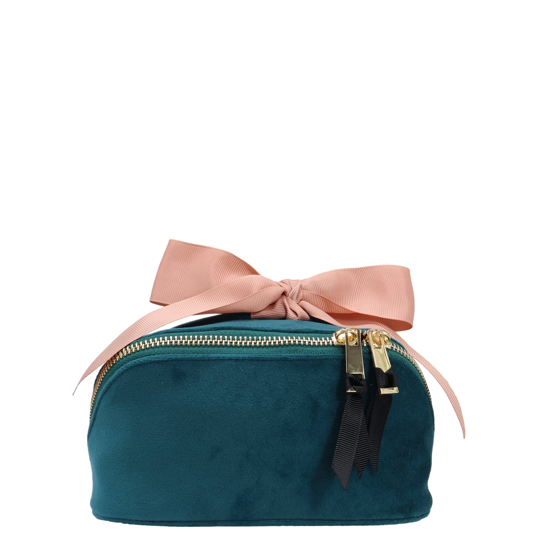 Petite Accordion Makeup Case – Eco Velvet – Aqua Teal with soft velvet, gold zippers, and pink grosgrain bow for personalized travel organization by Bag-all.