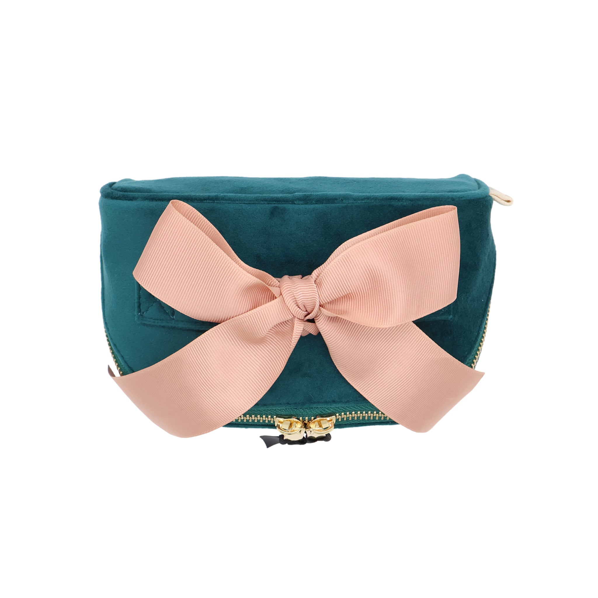 Petite Accordion Makeup Case – Eco Velvet – Aqua Teal with soft velvet, blush grosgrain bow, and gold zippers for personalized travel organization by Bag-all.