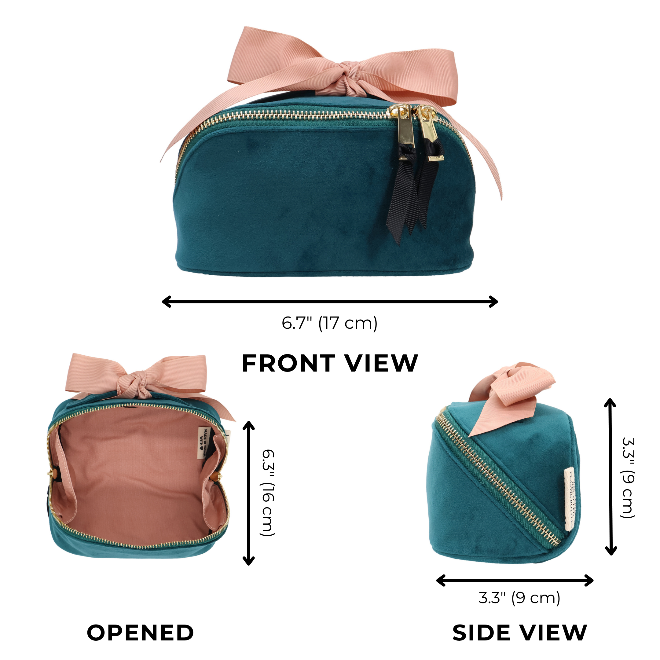 Petite Accordion Makeup Case – Eco Velvet – Aqua Teal with soft velvet texture, blush grosgrain bow, gold zippers, and spacious interior for organized travel by Bag-all.