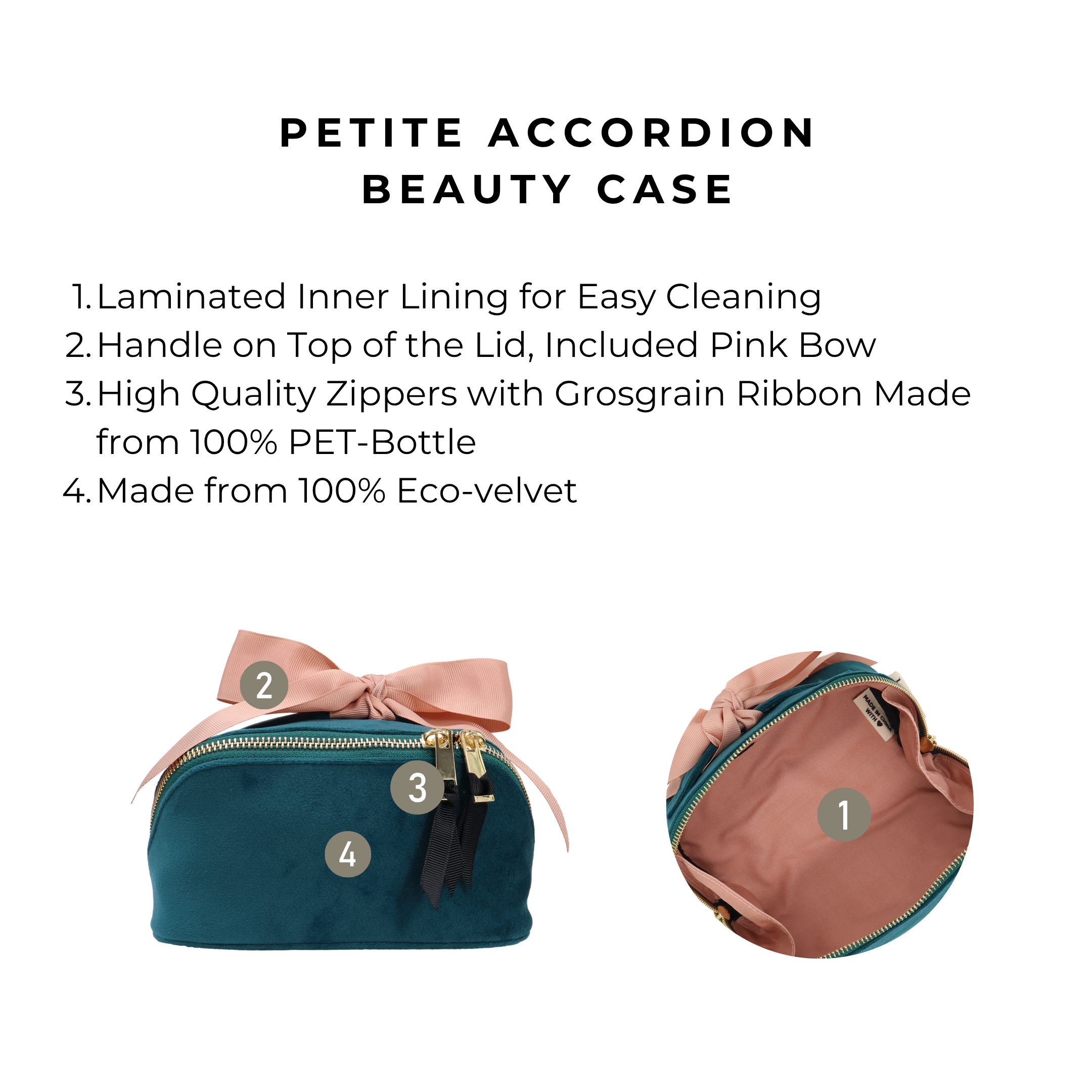 Petite Accordion Makeup Case – Eco Velvet – Aqua Teal with laminated lining, pink bow handle, and eco-friendly zippered design for stylish travel organization by Bag-all.