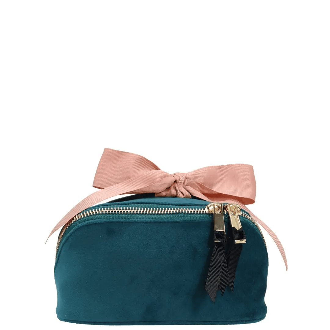 Petite Accordion Makeup Case – Eco Velvet – Aqua Teal with soft velvet, gold zippers, and pink grosgrain bow for stylish, personalized travel organization by Bag-all.